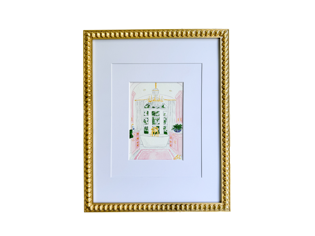 a framed painting of a white room with a pink carpet, a chandelier, and a window with a view of a garden.