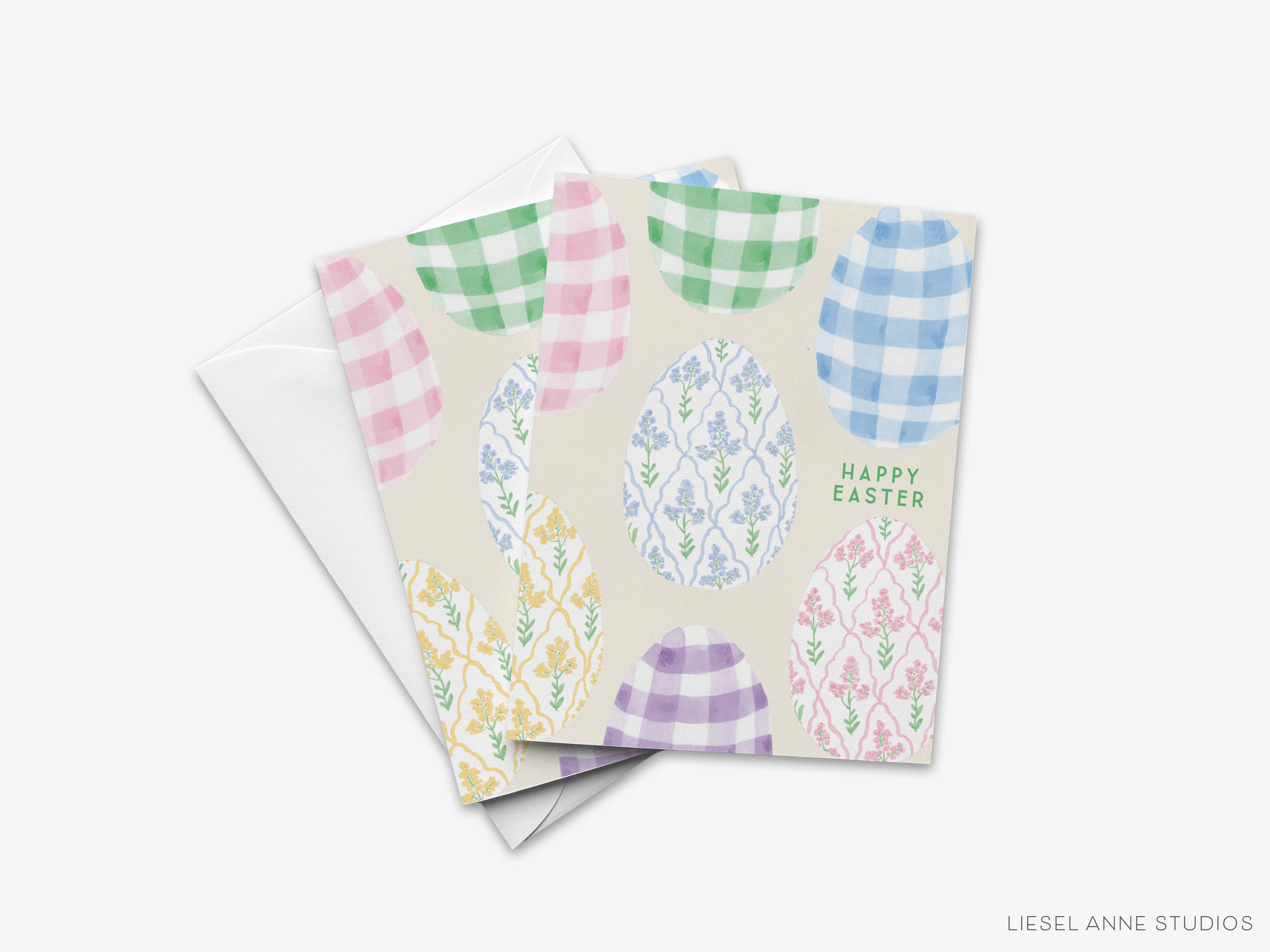 A set of Easter greeting cards with a pattern of colorful Easter eggs on the front.