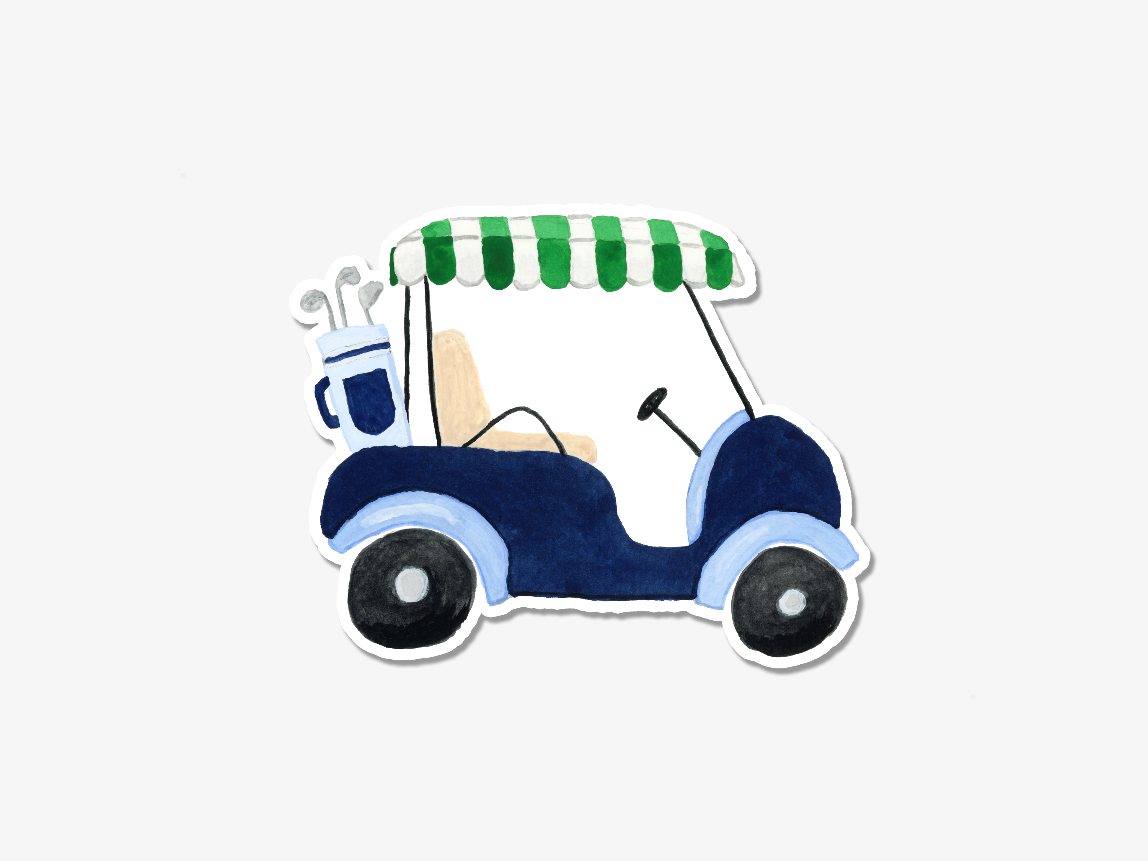 A blue golf cart with a green and white striped canopy, a golf bag, and a golf club in the back.