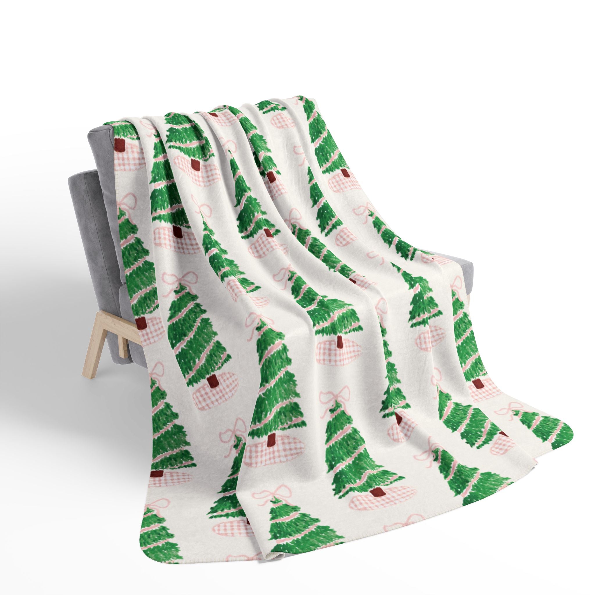 Christmas Fleece Sherpa Blanket [Pink Gingham Tree with Bow]