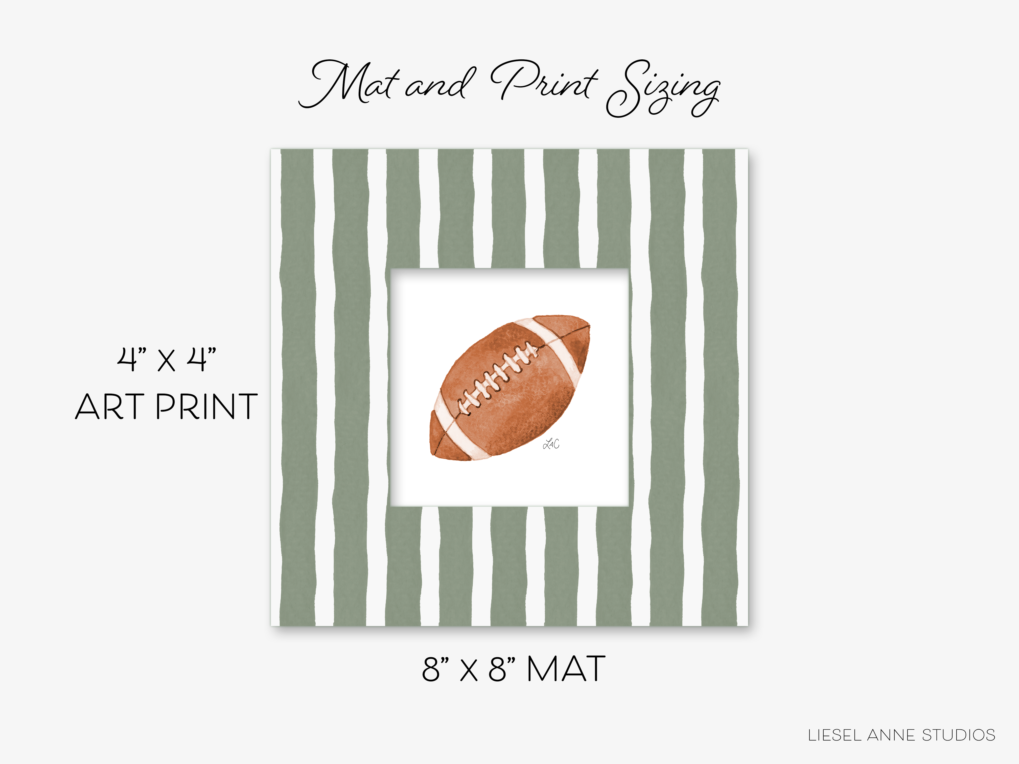 The image is a framed print featuring a football, with the text "Mat and Print Sizing" and "8' x 8' MAT" indicating the dimensions of the print.
