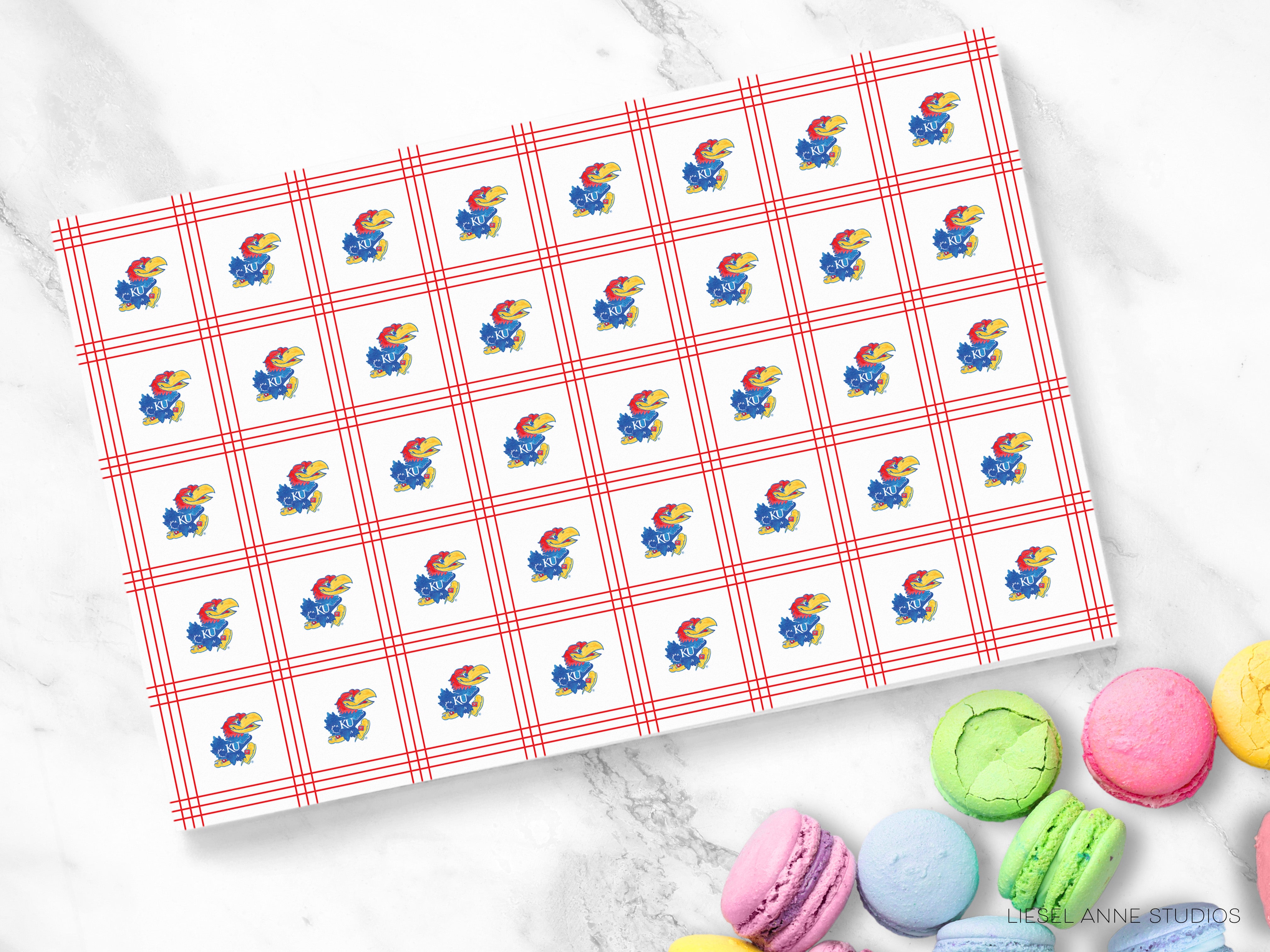 a white surface with a repeating pattern of red and white checkered squares, each containing a small illustration of a bird. There are also various colorful macarons arranged on the surface, adding a vibrant contrast to the checkered pattern.