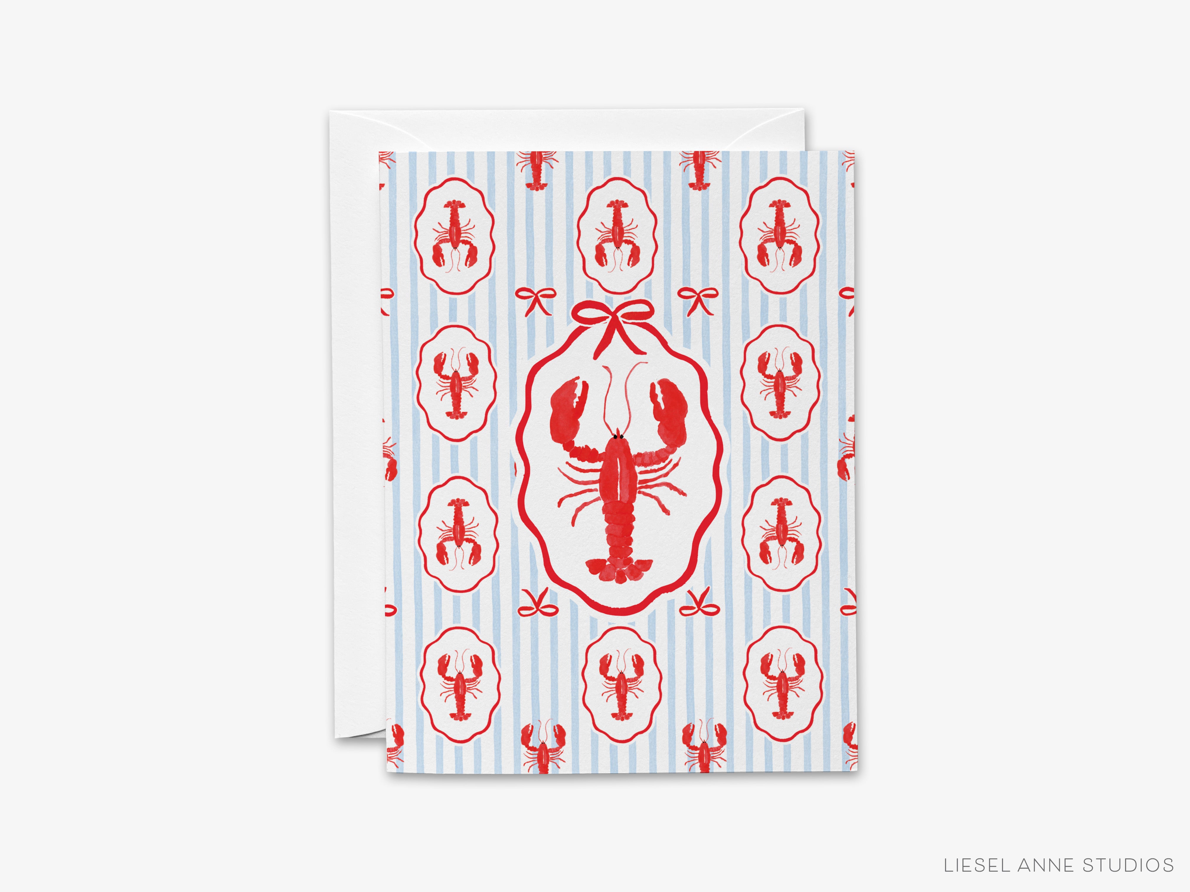 A greeting card with a repeating pattern of red lobster illustrations on a light blue background.