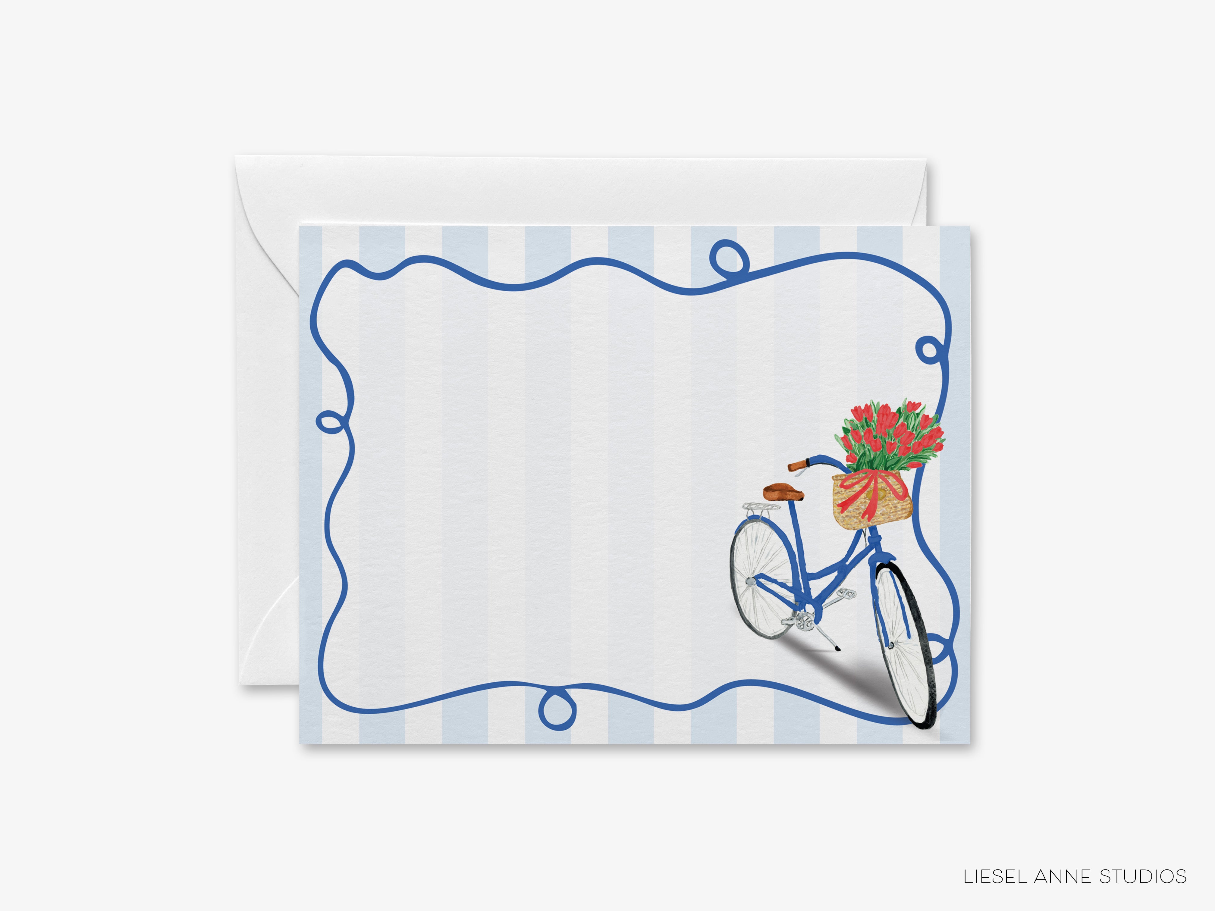 A blue bicycle with a basket of flowers is depicted on a blue and white striped background.