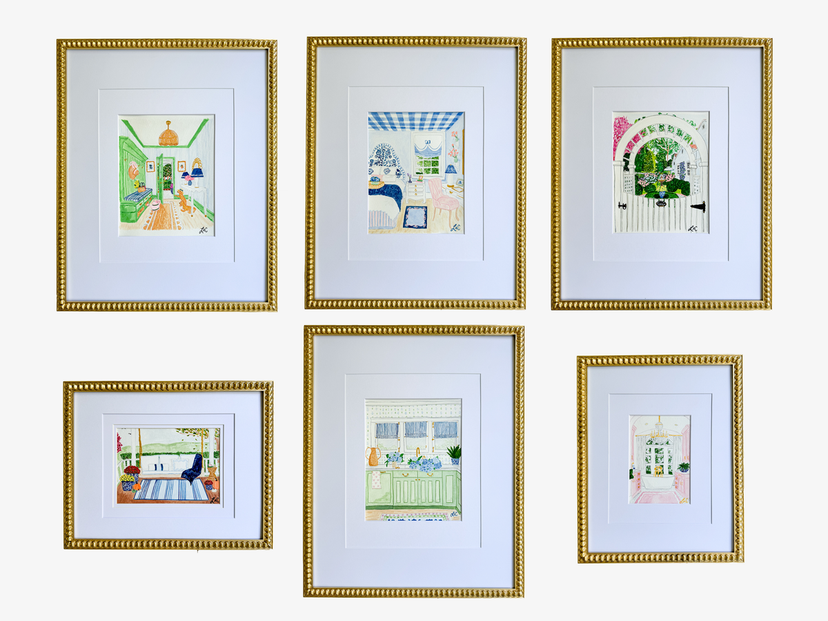 six framed artworks, each with a unique design and color scheme, arranged in a grid-like pattern on a white background.