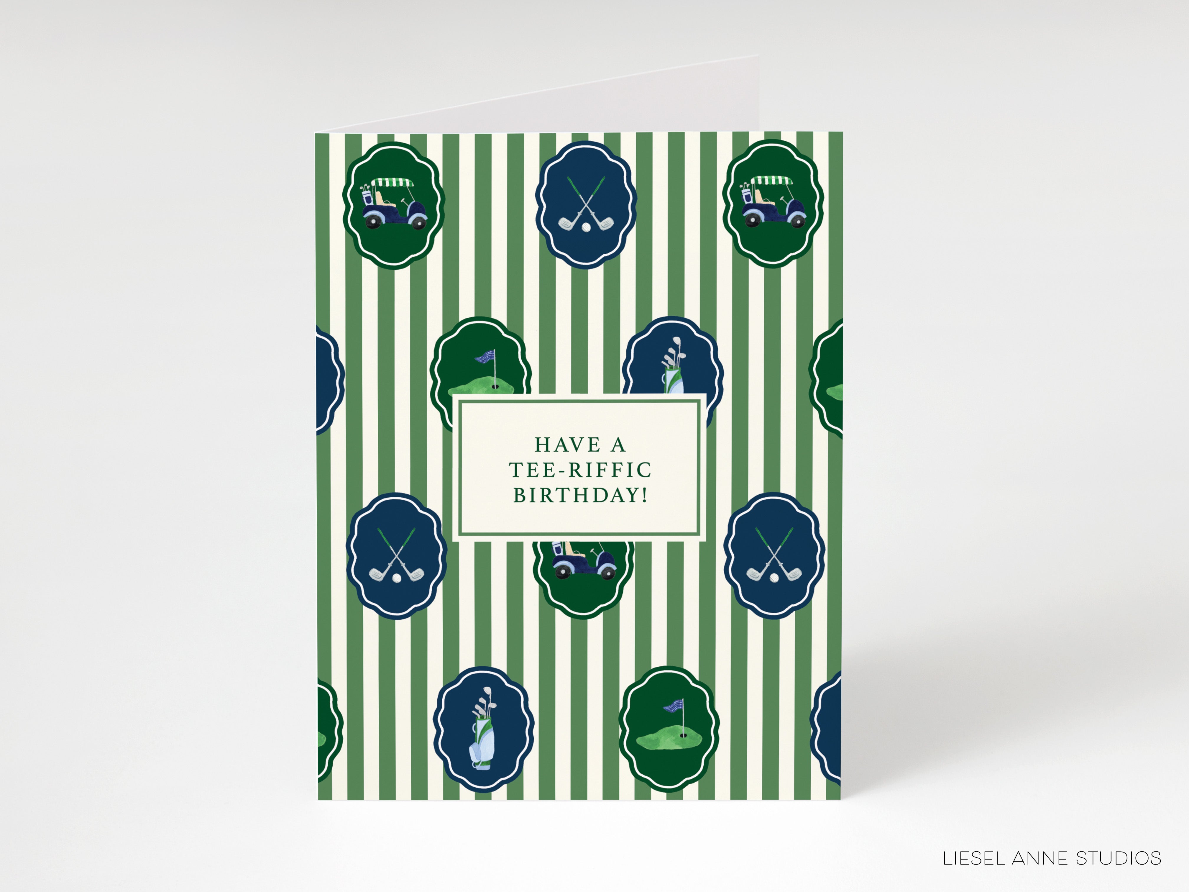 A greeting card with a striped pattern and golf-related icons, featuring a central message that reads "Have a Tee-Riffic Birthday!"