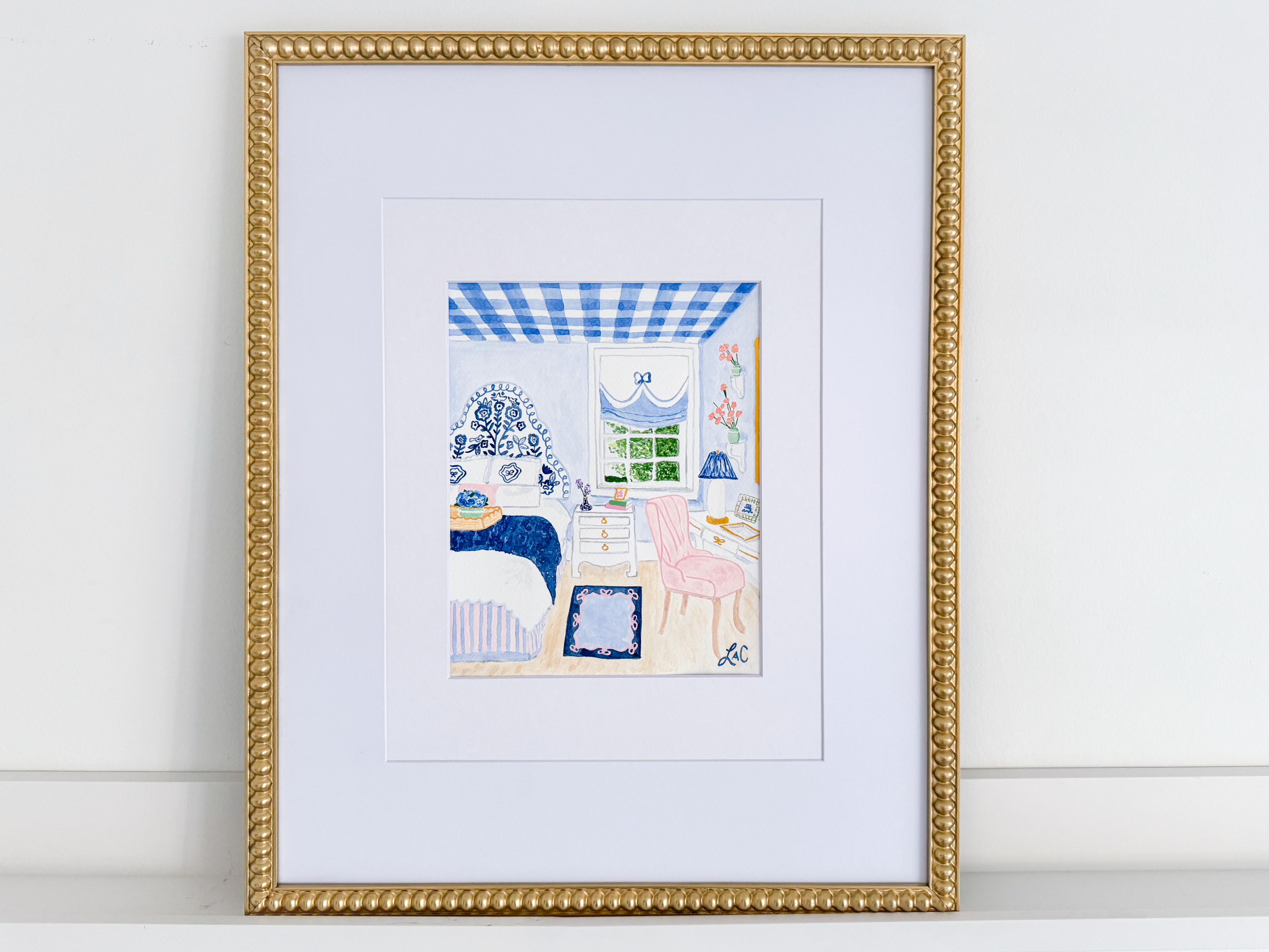 a framed painting of a bedroom with a blue and white checkered ceiling, a pink chair, and a blue and white striped rug.