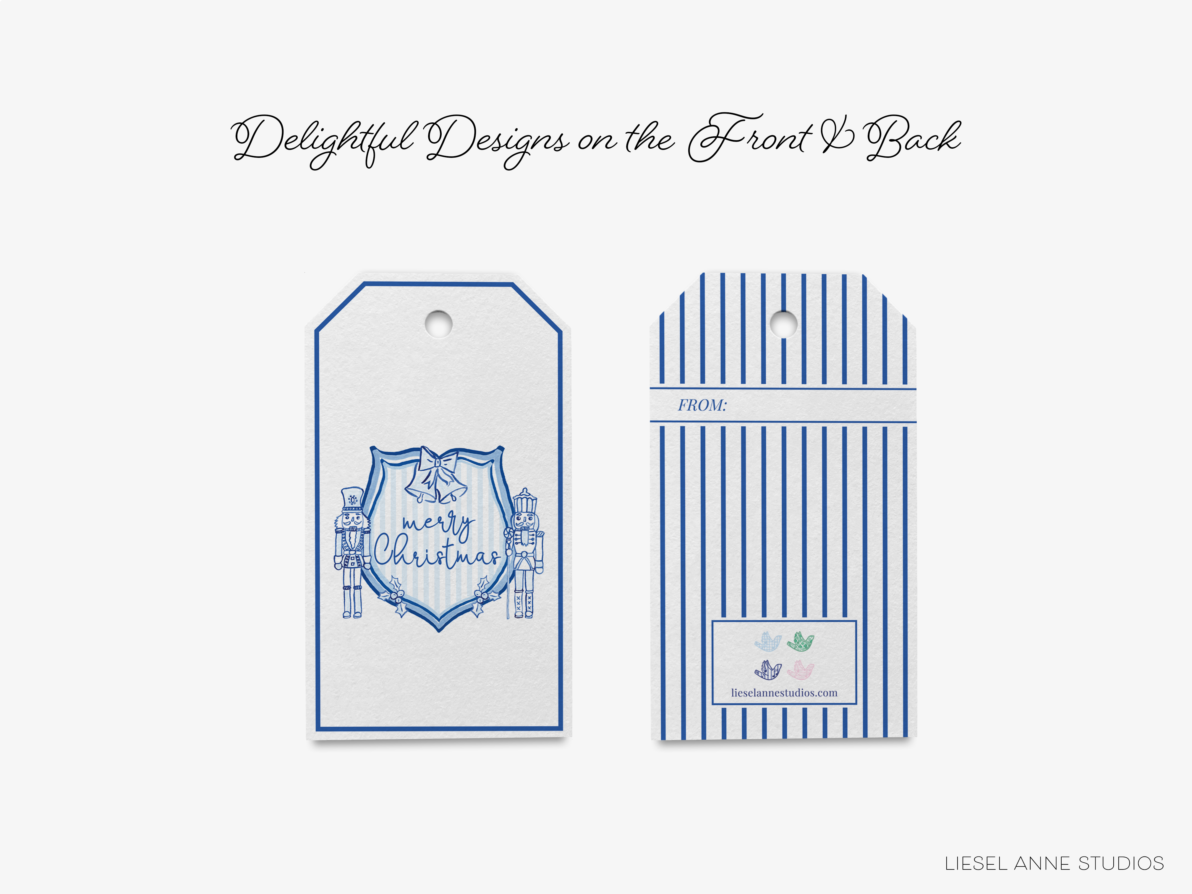 two tags with a blue and white color scheme, one with a shield design and the other with a striped pattern.