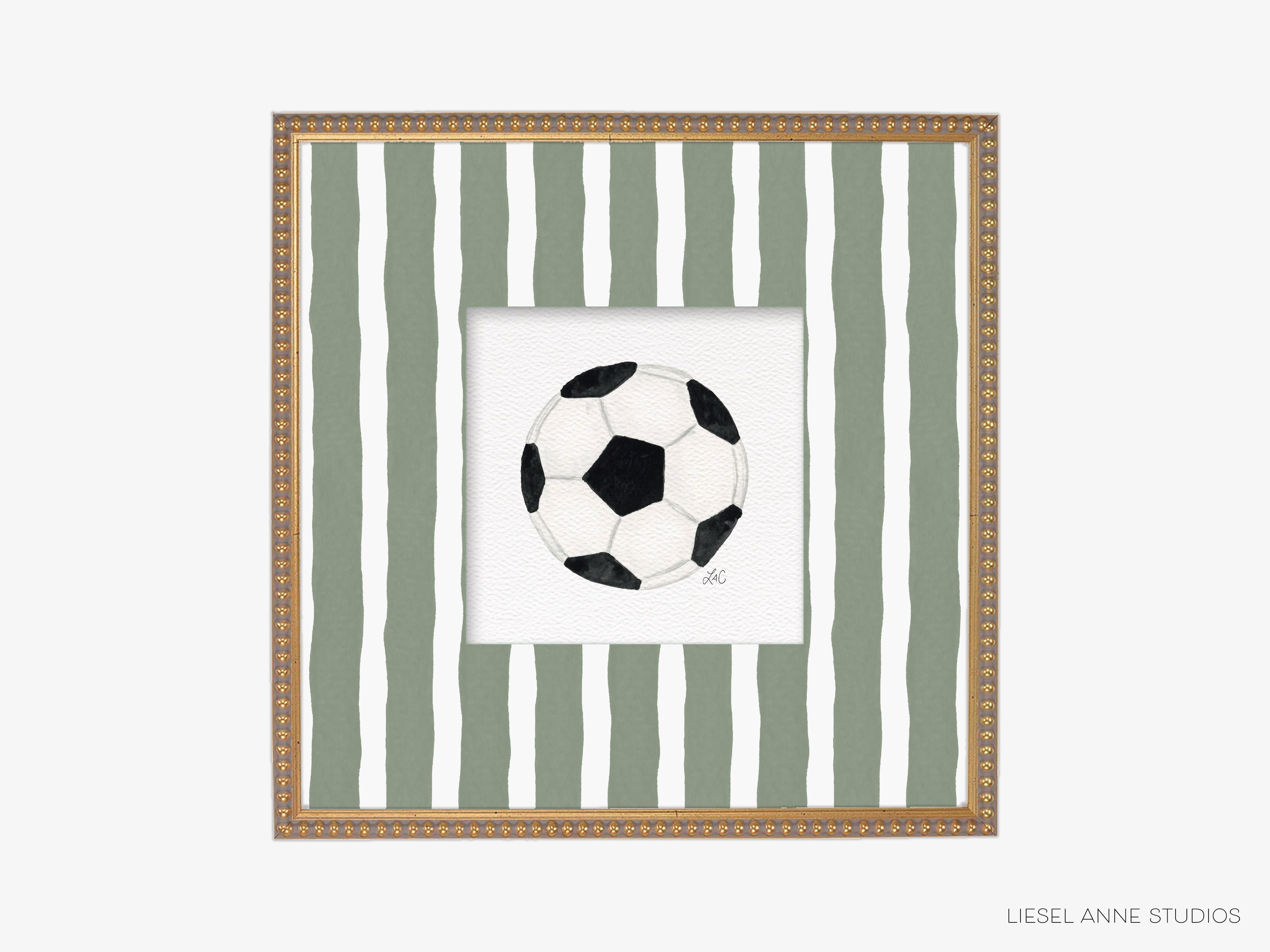A framed image of a soccer ball against a background of green and white stripes.
