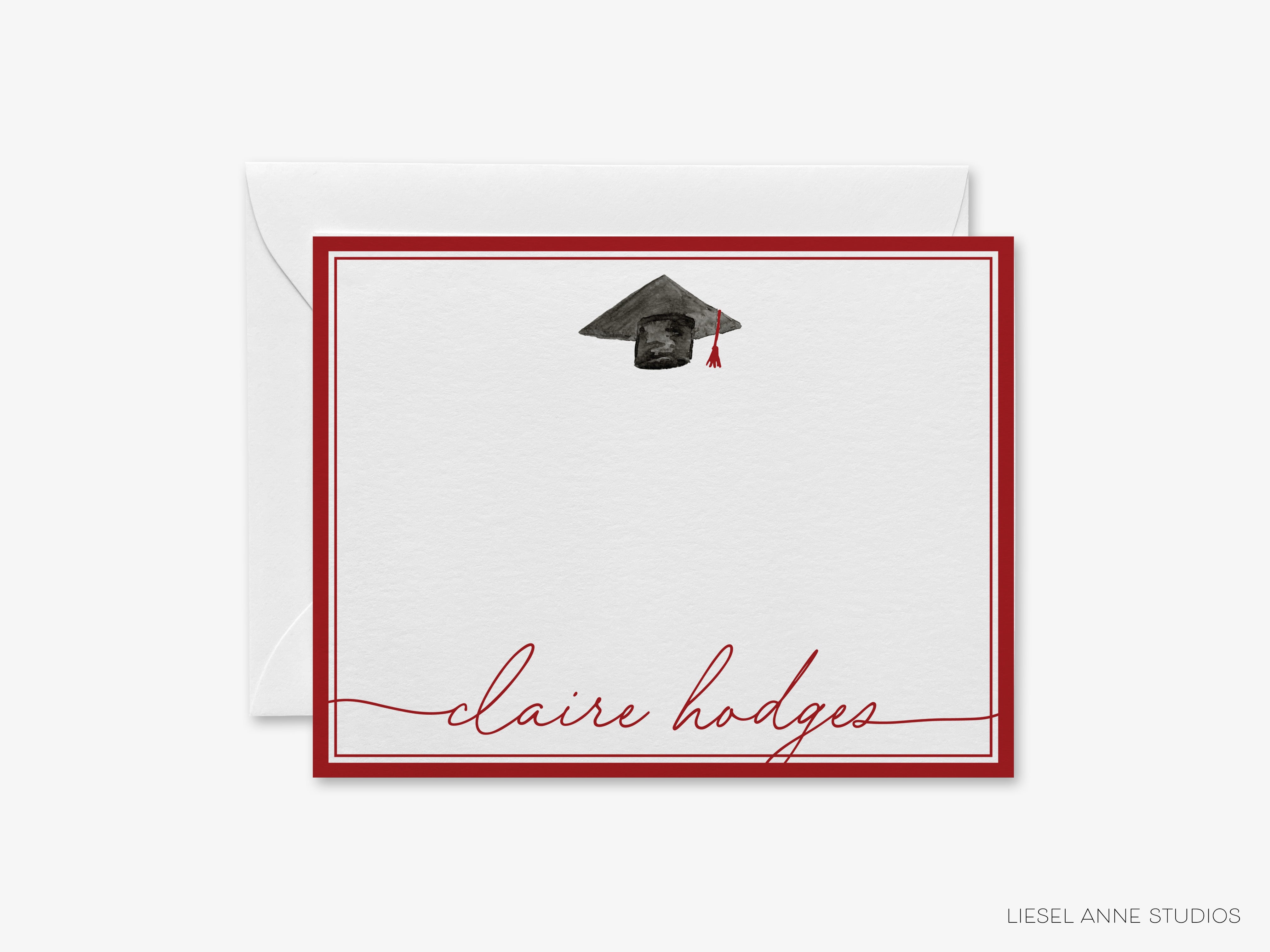 A personalized graduation card with a red border and a graduation cap illustration.