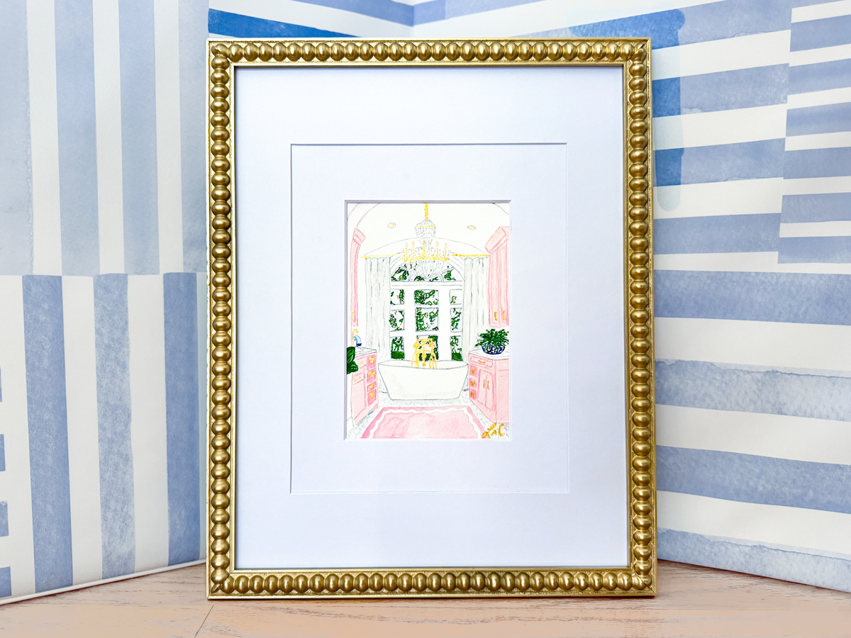 a framed painting of a bathroom with a chandelier, pink walls, and a white bathtub.
