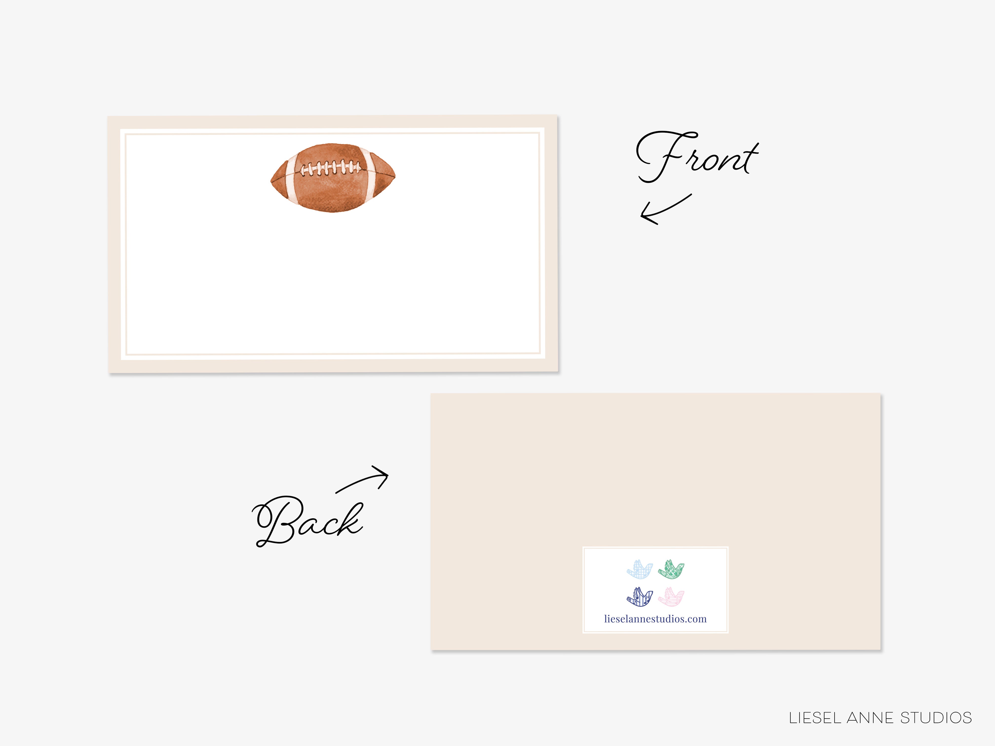 a blank card with a football design on it, along with a label or sticker on the back of the card.
