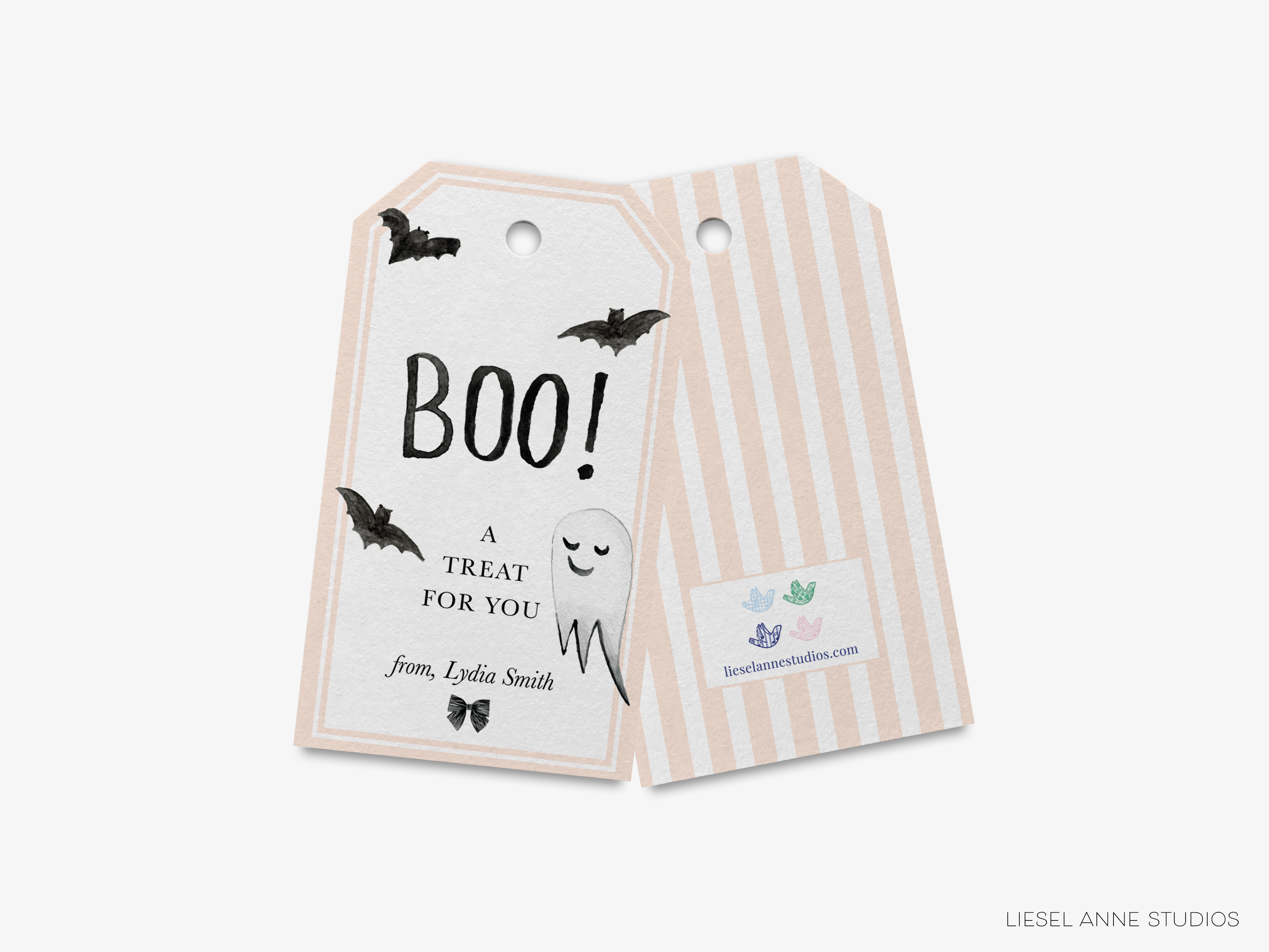 a Halloween-themed tag with the text "BOO!" and a ghost character.