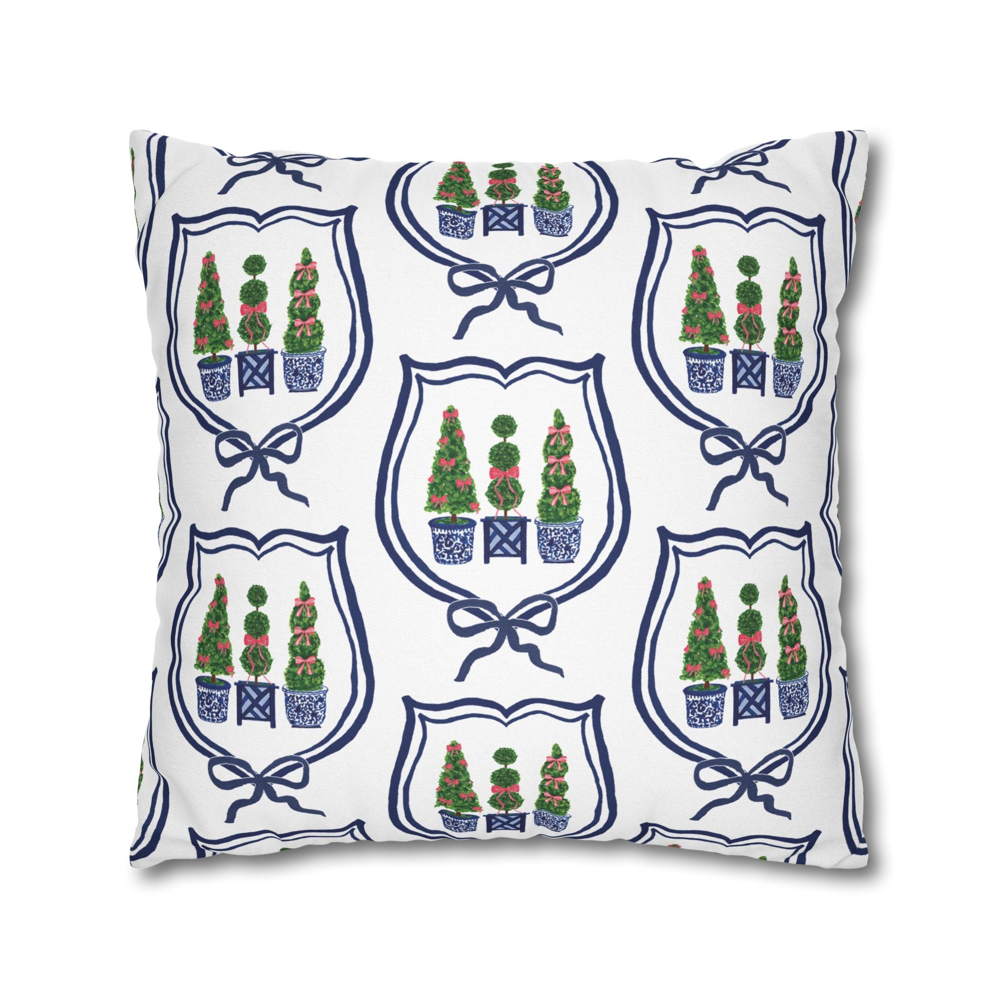 Topiary Trio Christmas Blue and White Pillow Cover