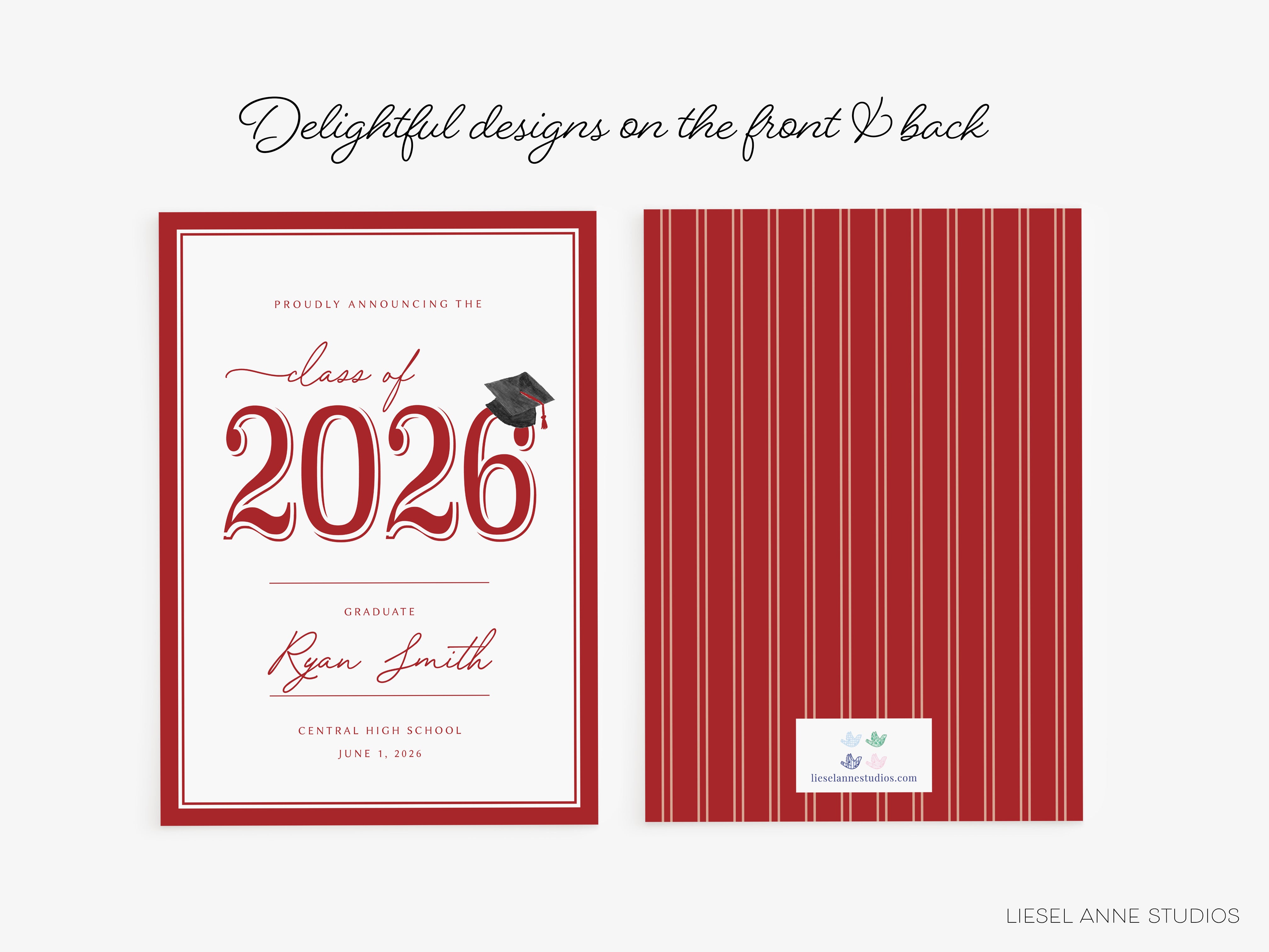 Delightful designs on the front and back of a graduation card for the class of 2026 at Central High School, June 1, 2026.