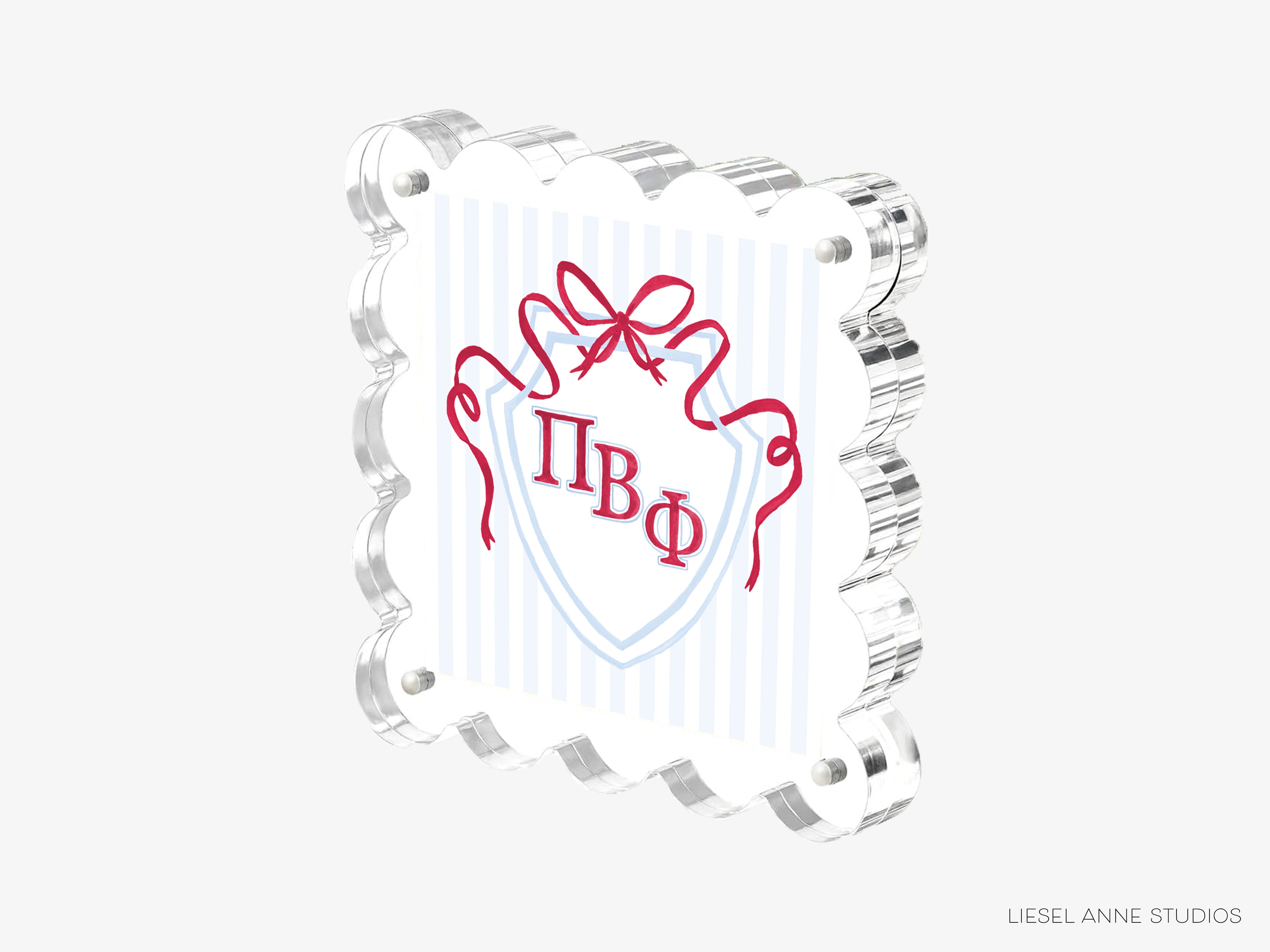 A 3D rendering of a clear acrylic shield with a red ribbon and the Greek letters "ΦΦΦ" (ΦΦΦΦ) prominently displayed on it.