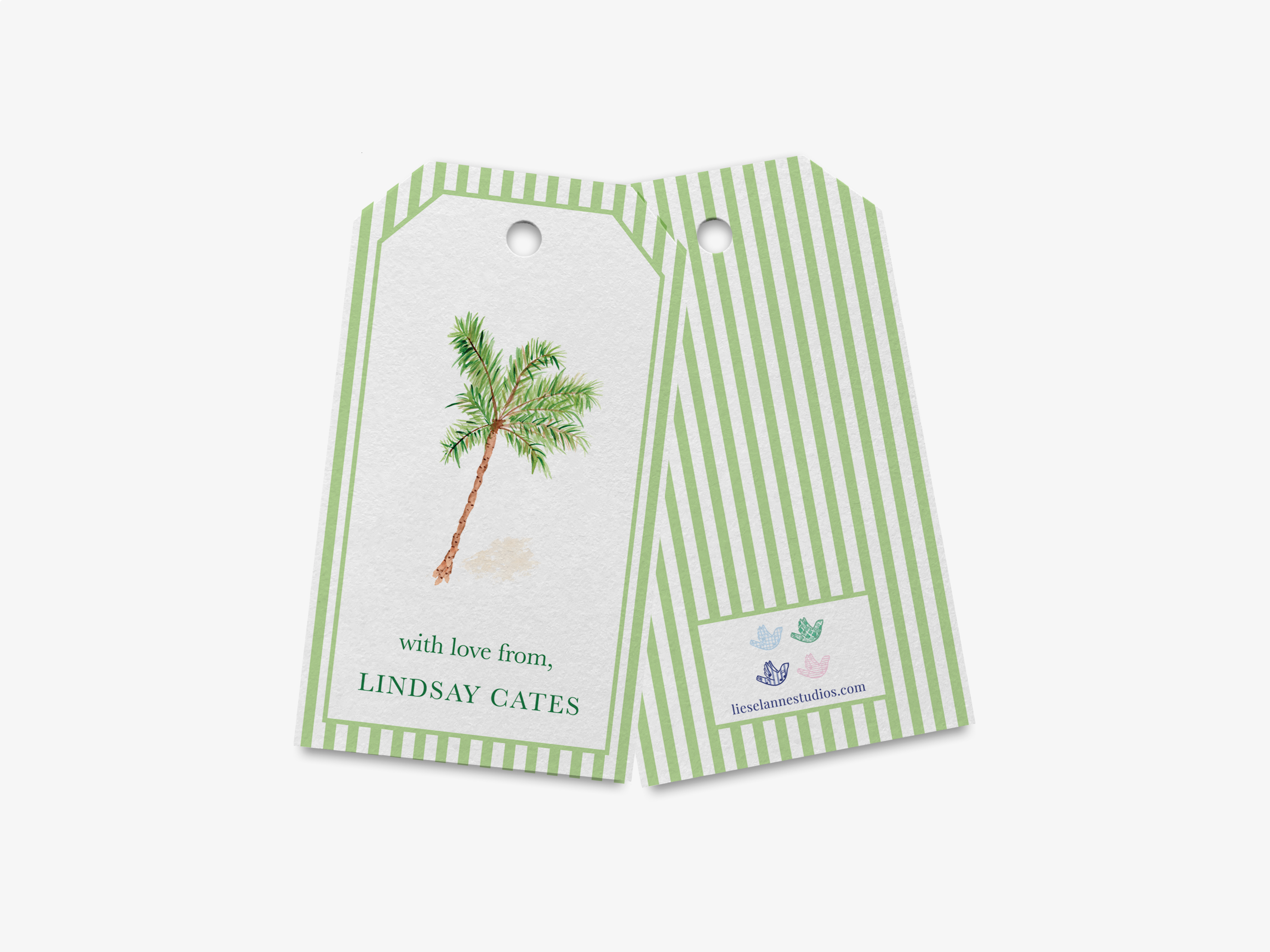 two green and white tags with a palm tree illustration.