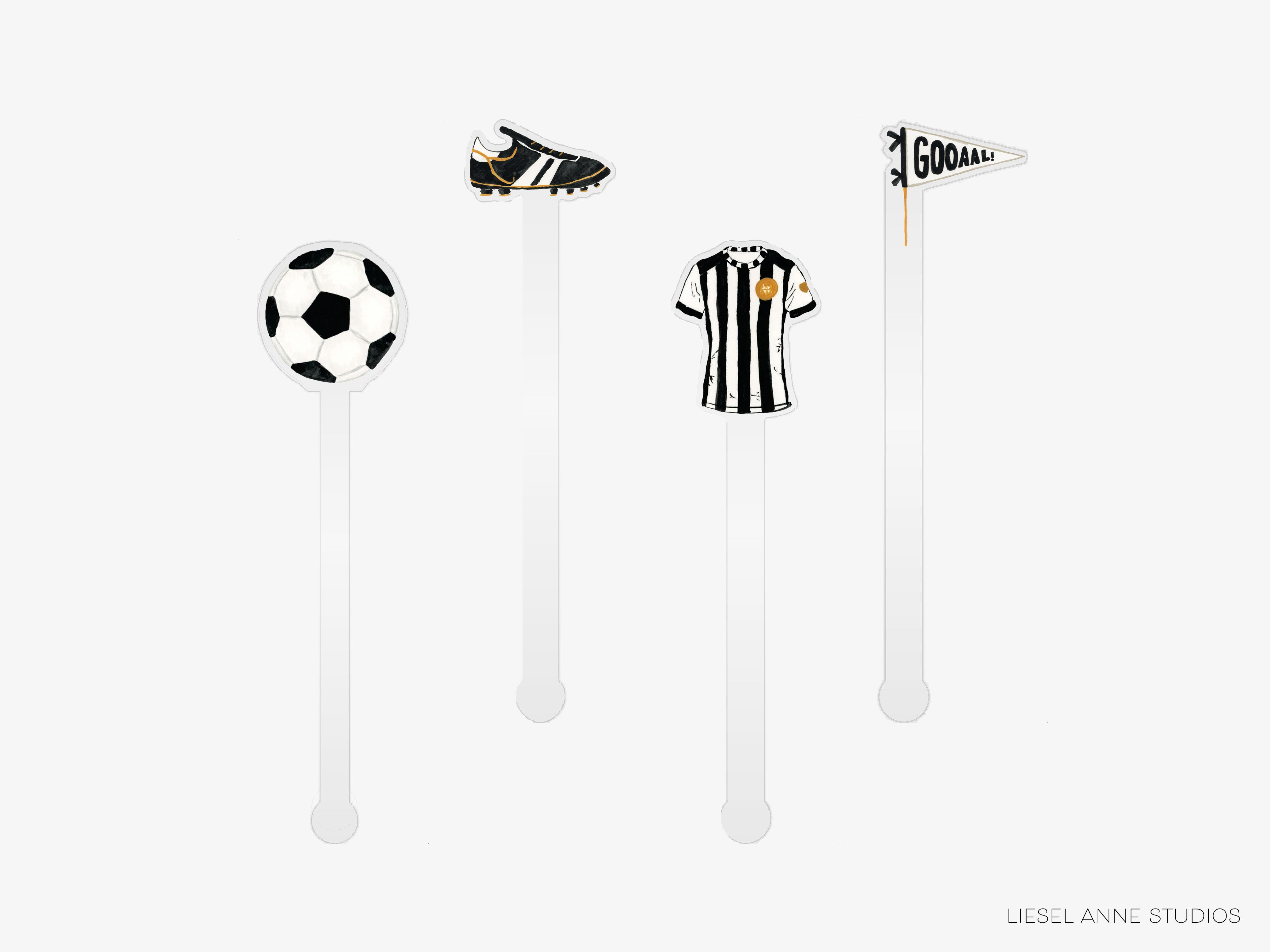 four white stick holders, each holding a different sports-related item: a soccer ball, a striped shirt, a flag, and a flag with the word "GOAWAY" written on it.