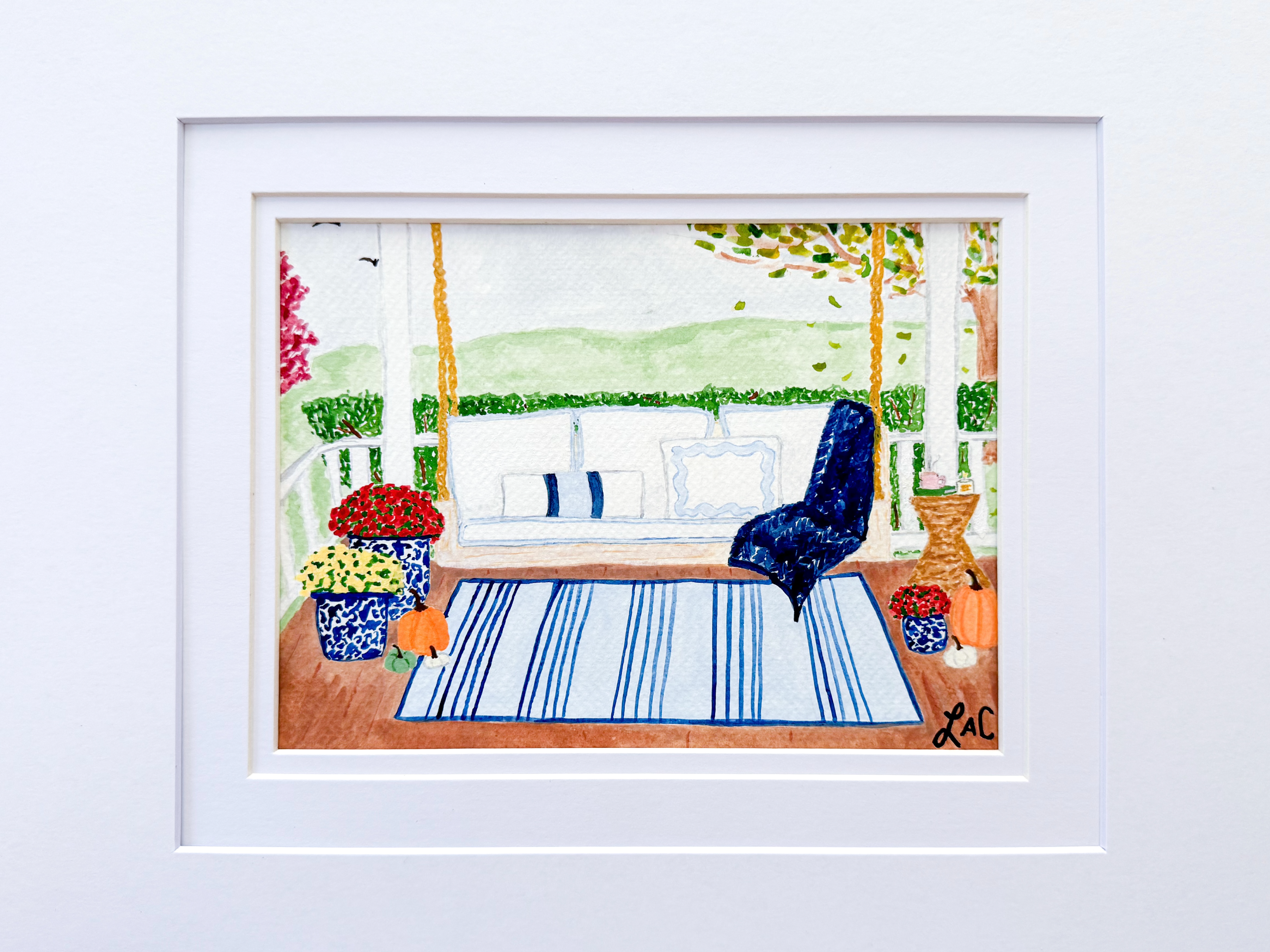 A painting of a porch with a blue chair, a white bench, and various potted plants and flowers. The painting is framed and displayed on a white wall.