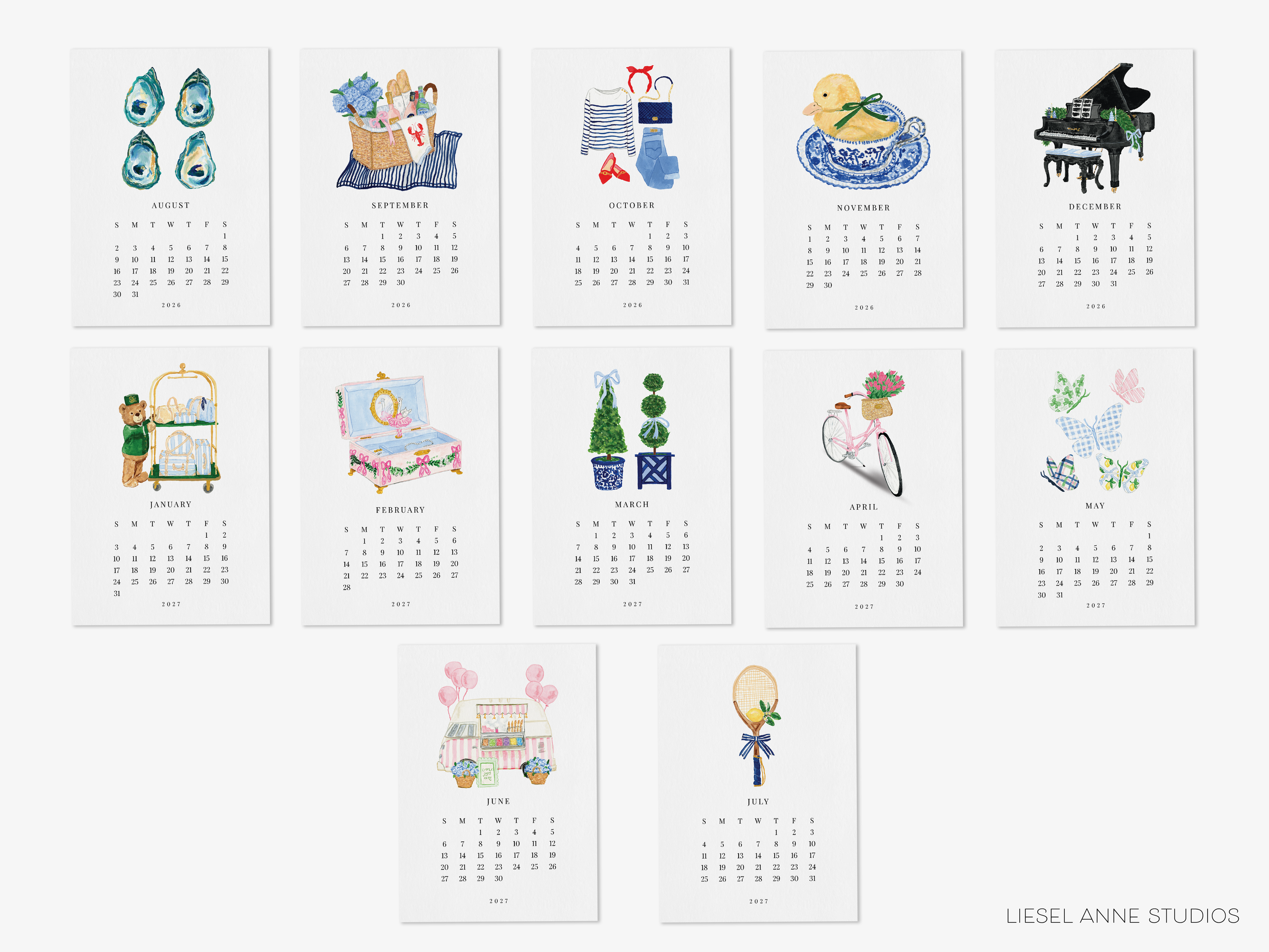 a collection of twelve calendar pages, each featuring a different illustration related to the months of the year. The illustrations depict various objects and scenes, such as a basket of fruit, a piano, a bicycle, and a clock. The calendar pages are arranged in a grid format, with each page representing a month and the illustrations placed in the appropriate month. The text "LIESEL ANNNE STUDIOS" is visible at the bottom of the image, indicating the source or creator of the calendar.