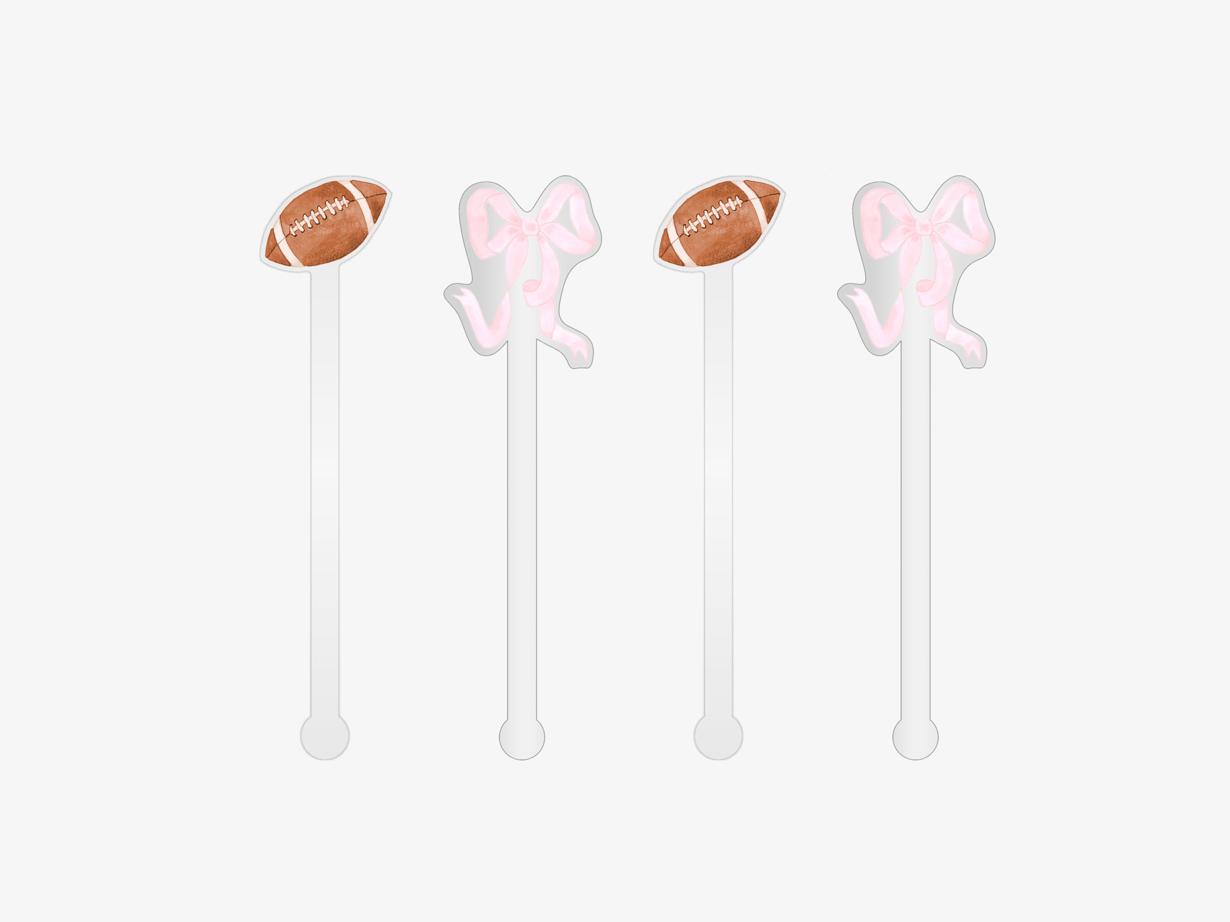 four white straws with pink football-shaped decorations on the ends, arranged in a row.
