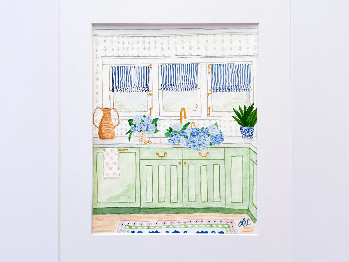 A watercolor painting depicting a kitchen scene with a sink, cabinets, and a vase of flowers on the counter.