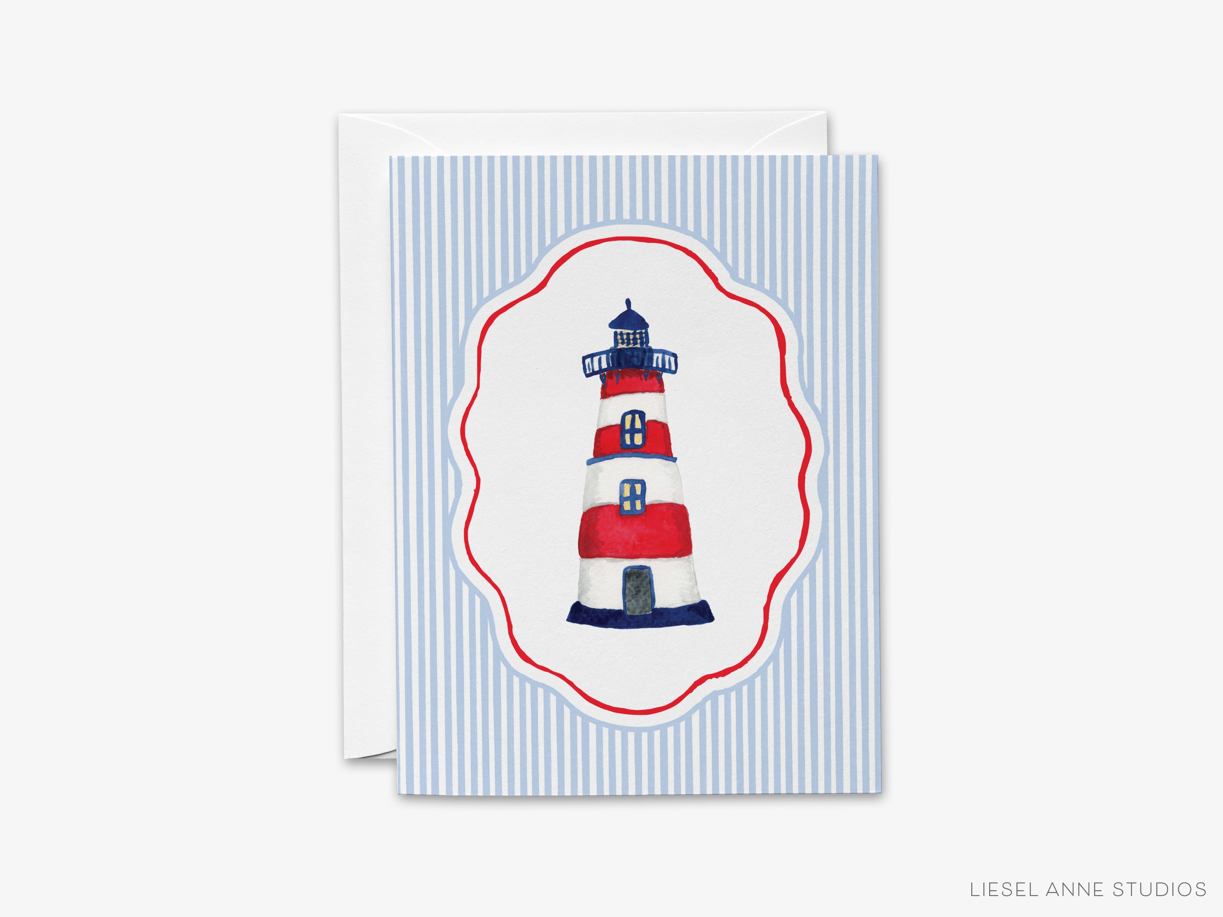 A greeting card featuring a lighthouse in the center, surrounded by a blue and white striped border.
