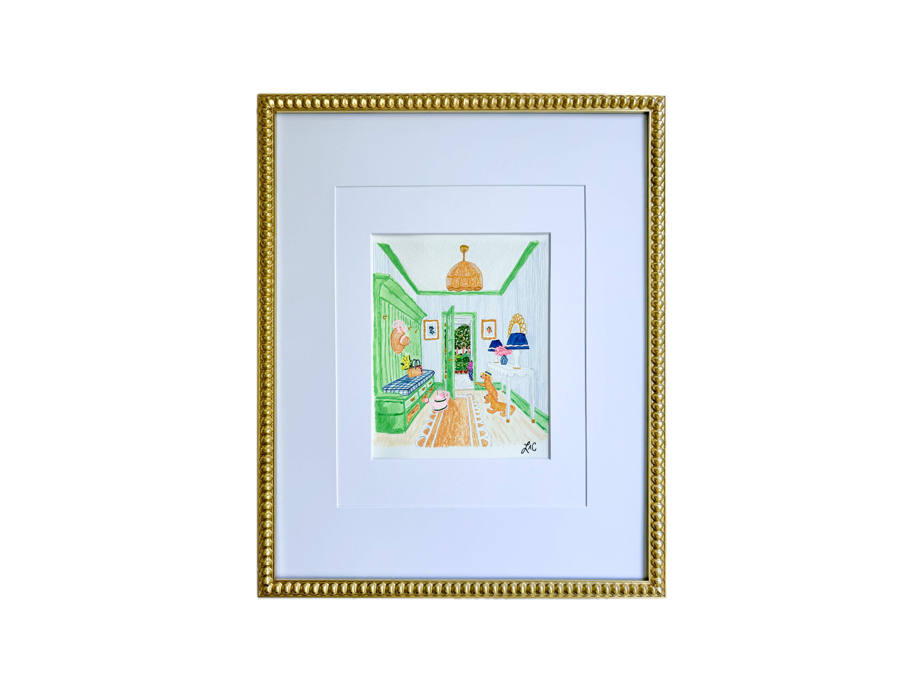 The image is a framed painting depicting a colorful and whimsical interior scene with various objects and decorations.