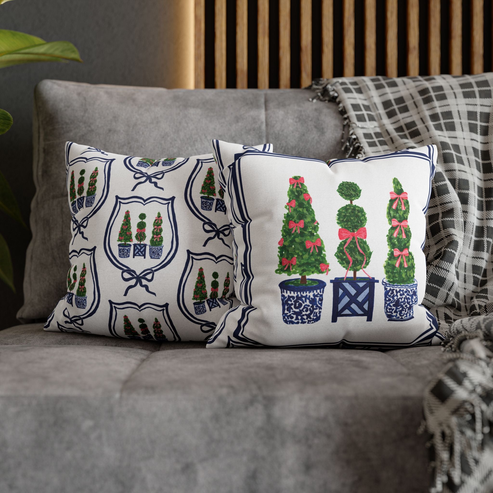 Topiary Trio Blue and White Christmas Pillow Cover