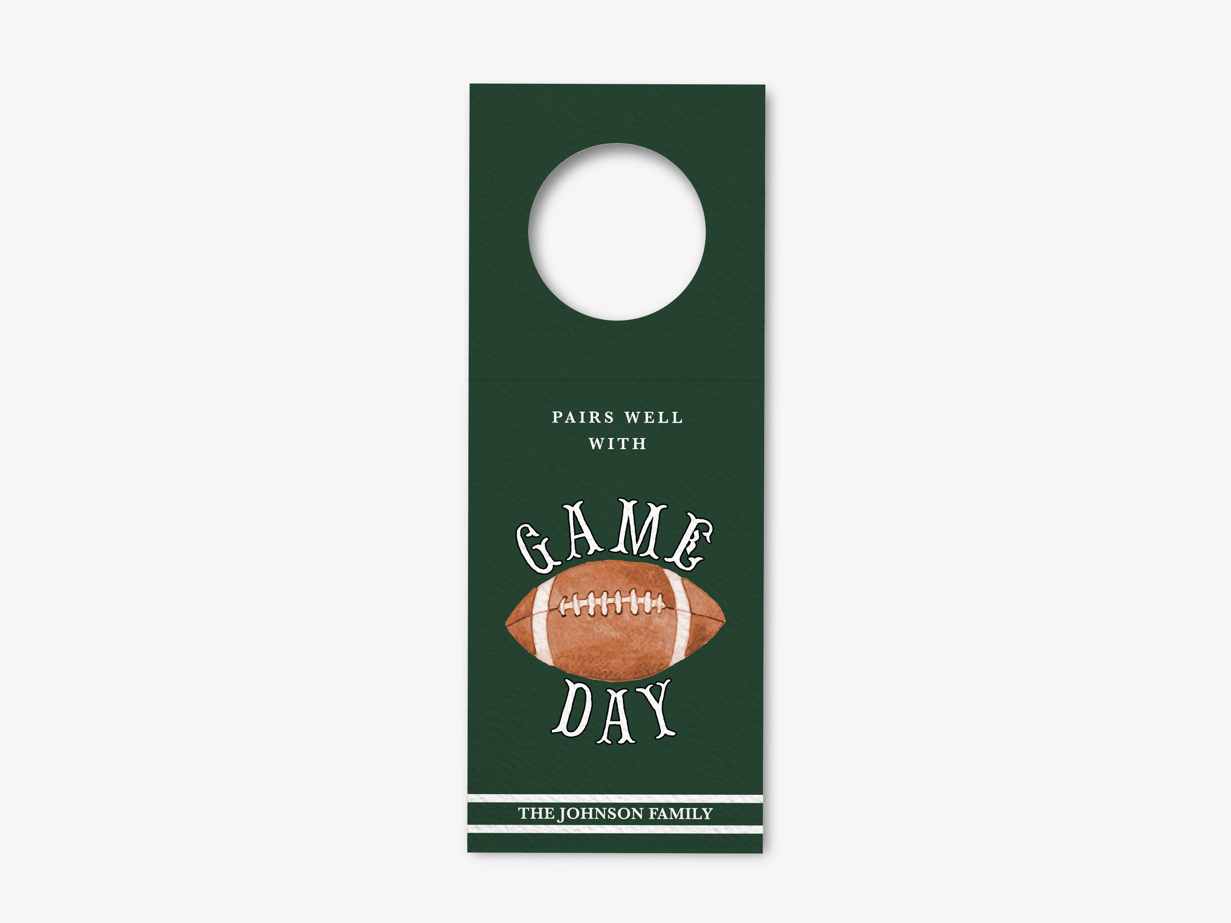 The image is a green door hanger with a football graphic and the text "GAME DAY" printed on it.