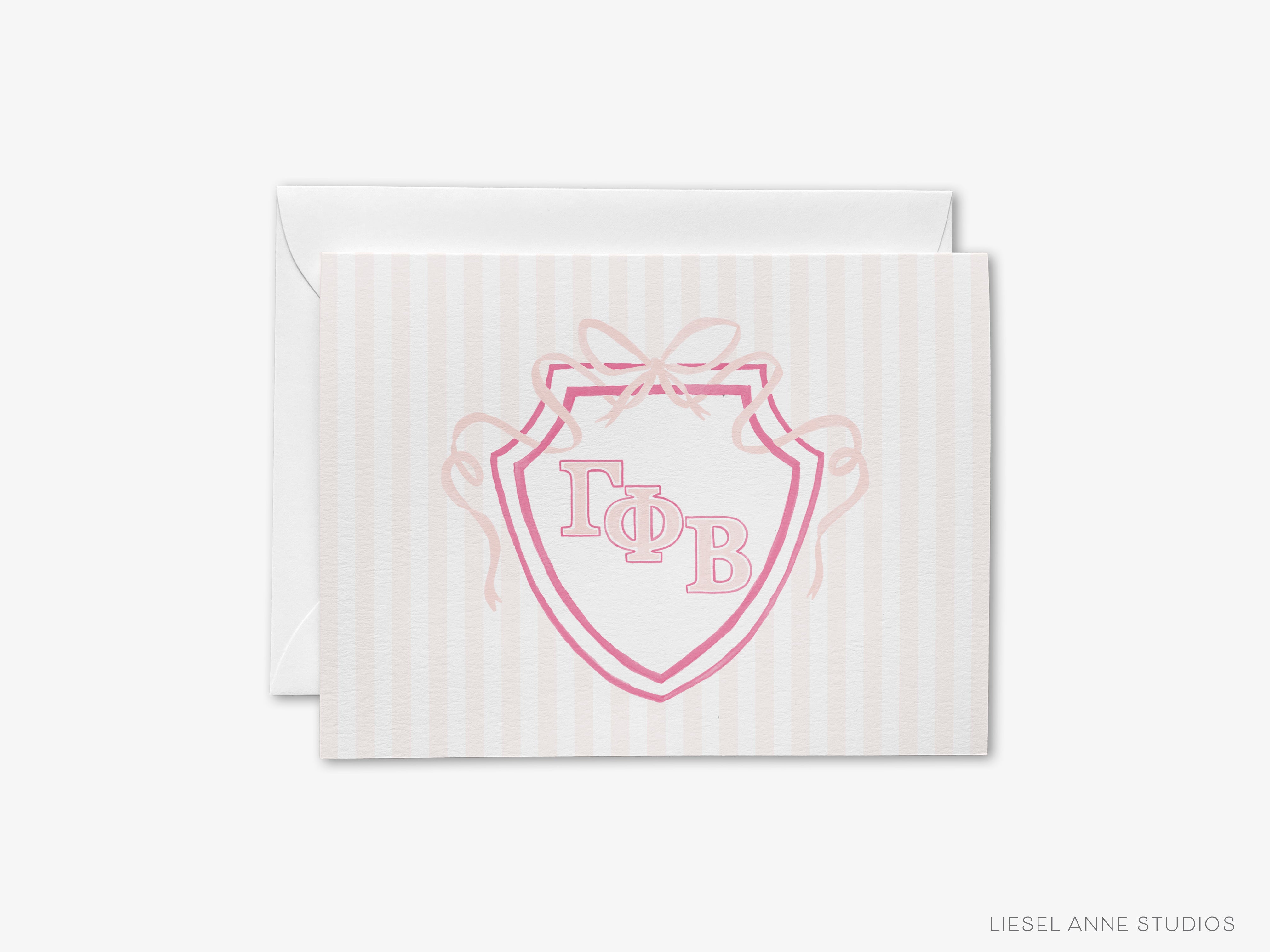 A greeting card with a pink and white striped background and a shield-shaped logo featuring the letters 'P' and 'B' in the center.