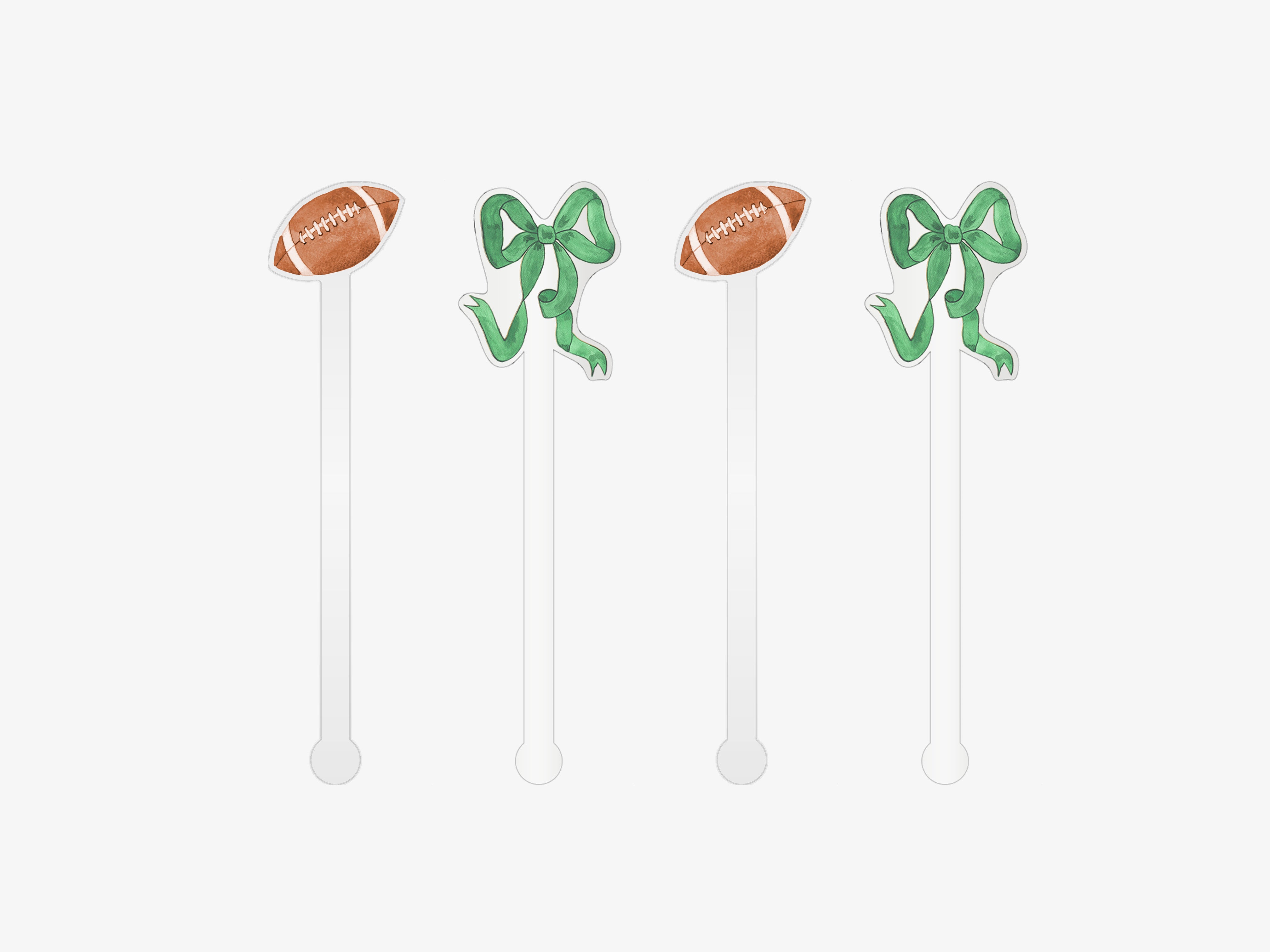 four football-themed items, including a football, a green ribbon bow, and a green ribbon bow, arranged in a row.