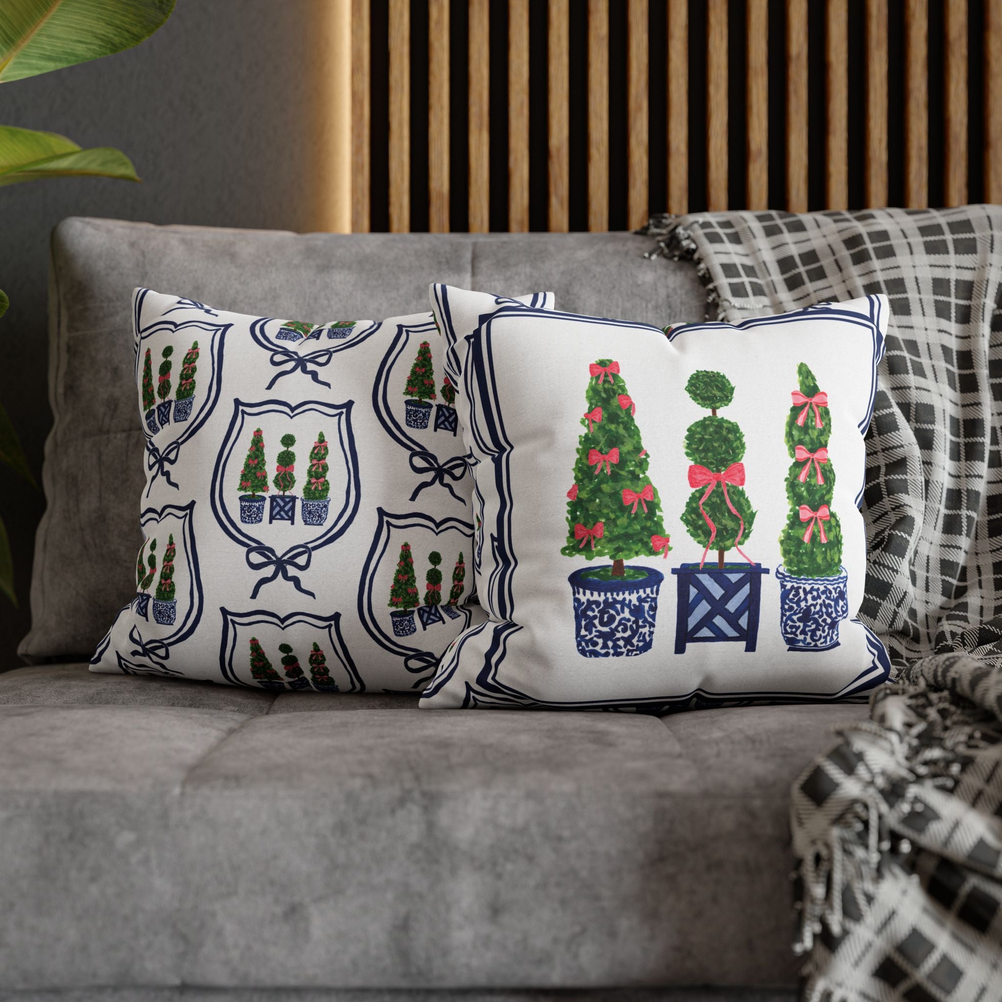 Topiary Trio Christmas Blue and White Pillow Cover