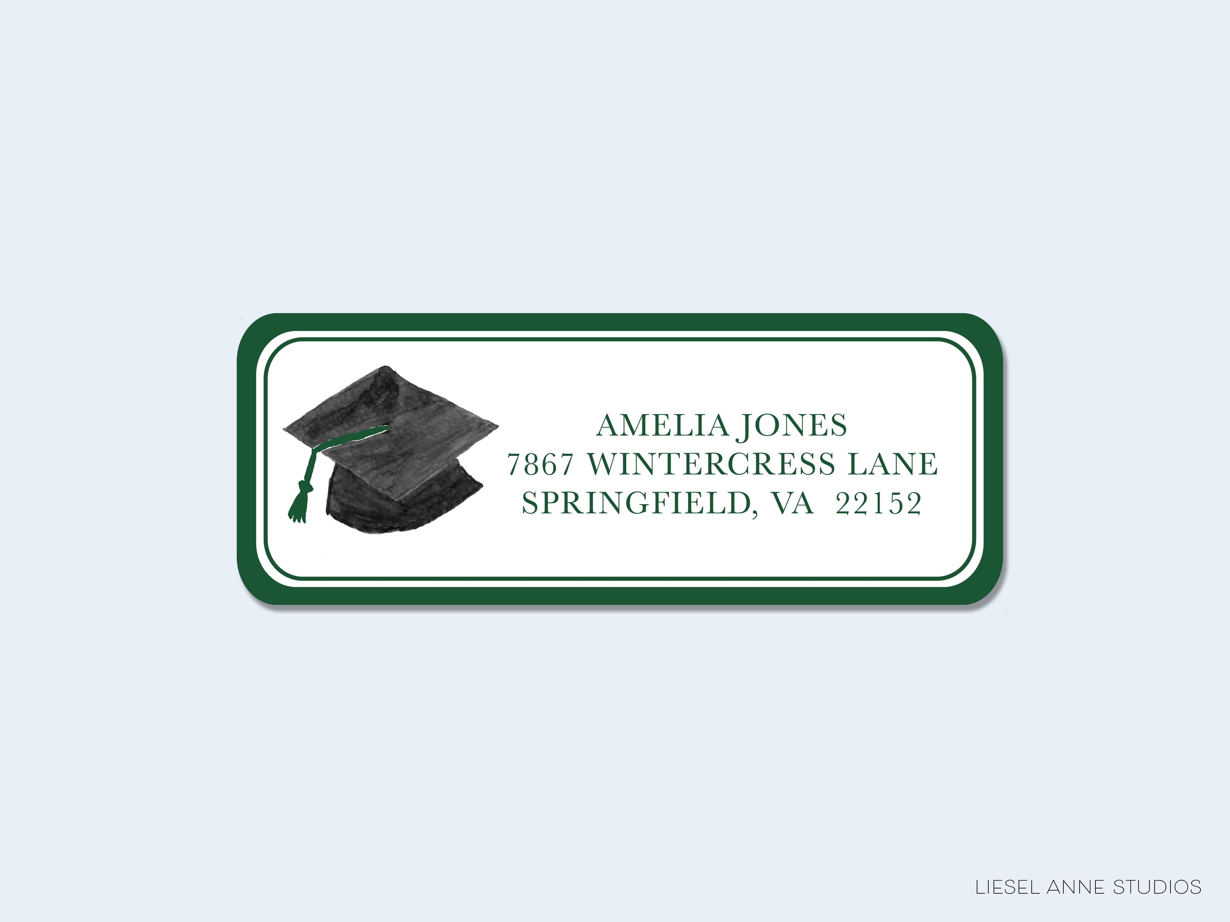 A green and white rectangular address label with a graduation cap illustration on it.