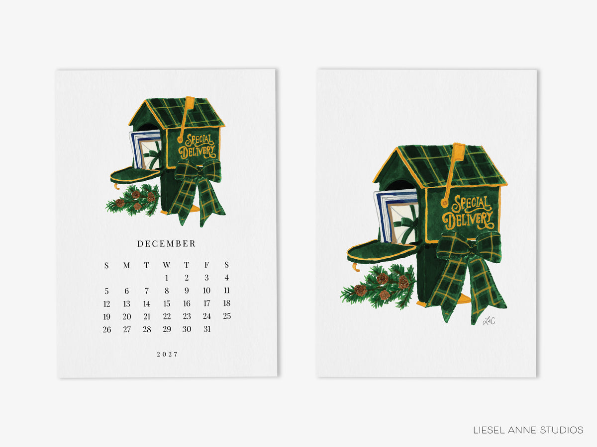 The image is a calendar featuring a green and gold plaid mailbox with a "Special Delivery" sign, along with a small pine tree and a bow.