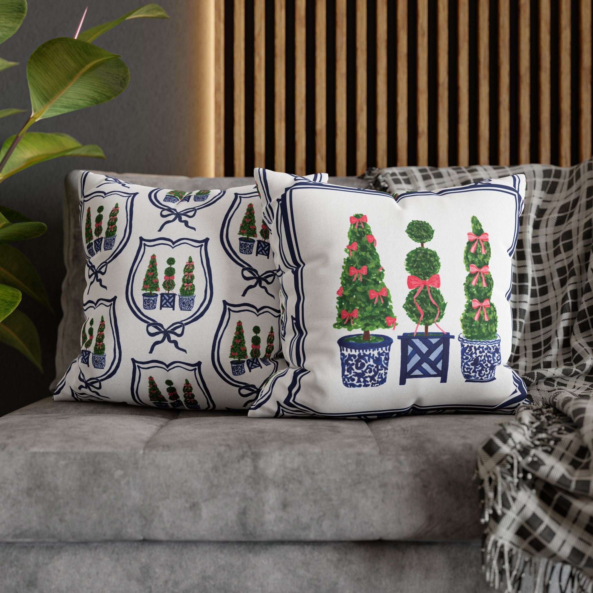 Topiary Trio Christmas Blue and White Pillow Cover