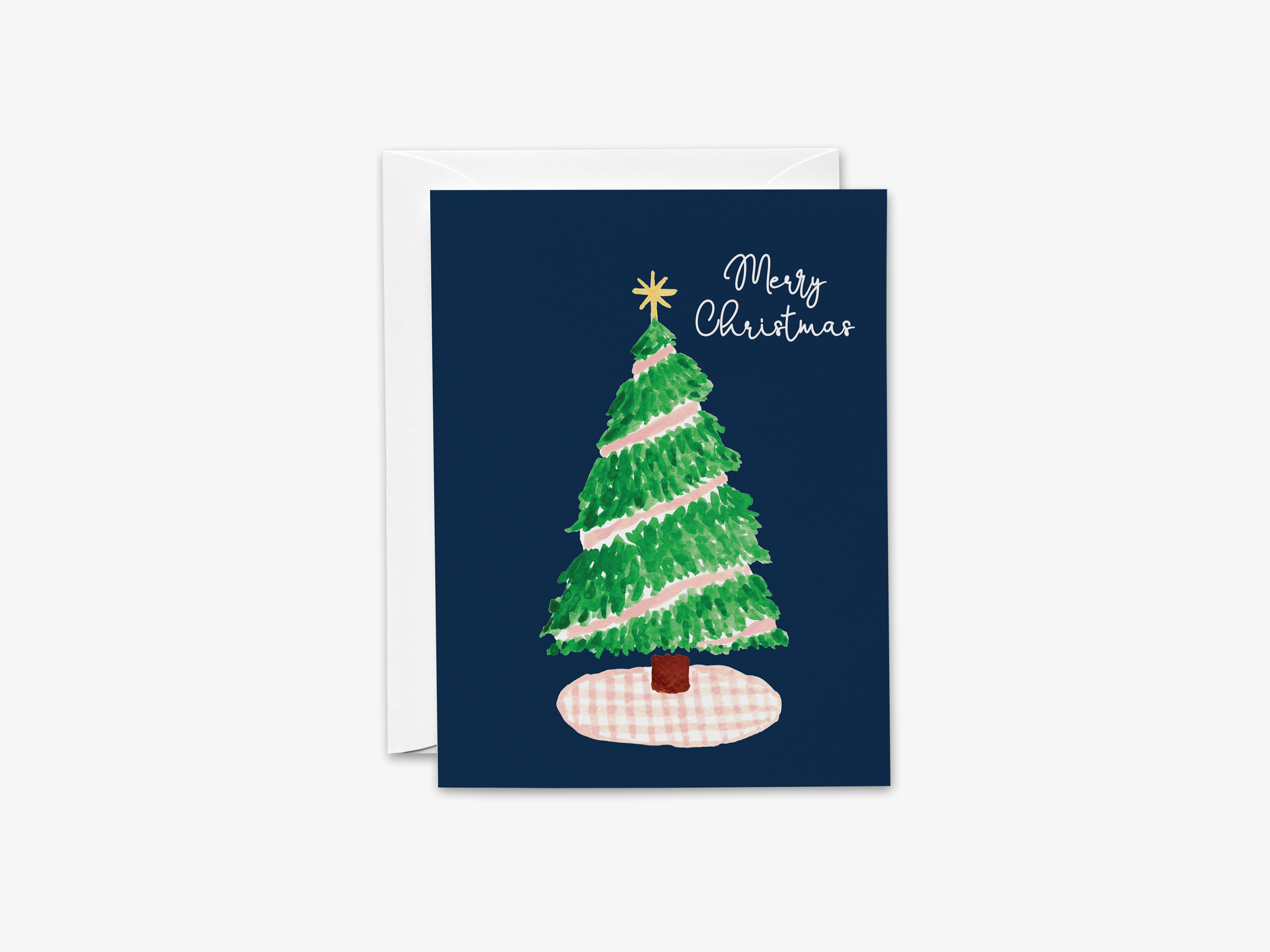 A Christmas card with a green and white Christmas tree on a white background.