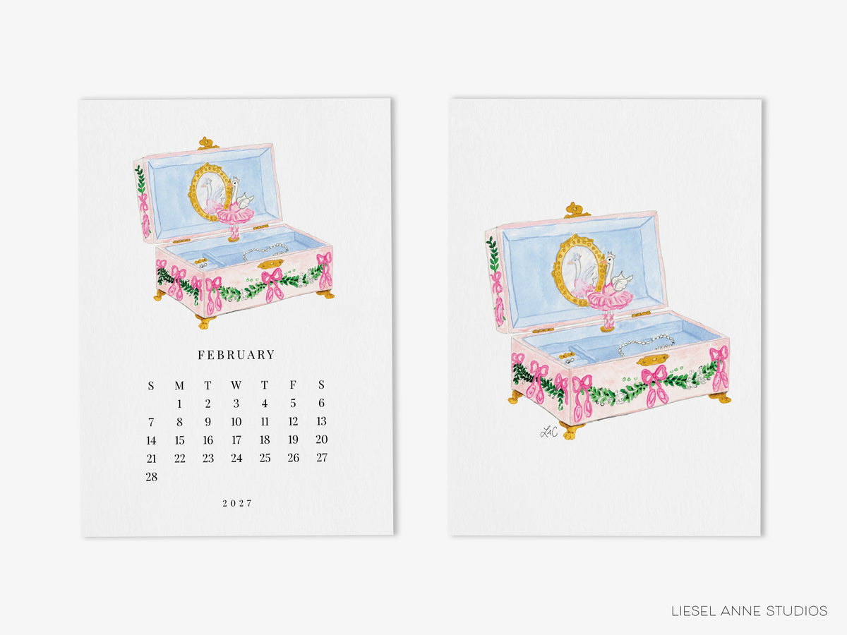 The image is a calendar featuring a pink and blue box with a ballerina figurine inside, decorated with flowers and bows. The calendar is for February 27, 2017, and includes a watercolor illustration of the box and the ballerina.
