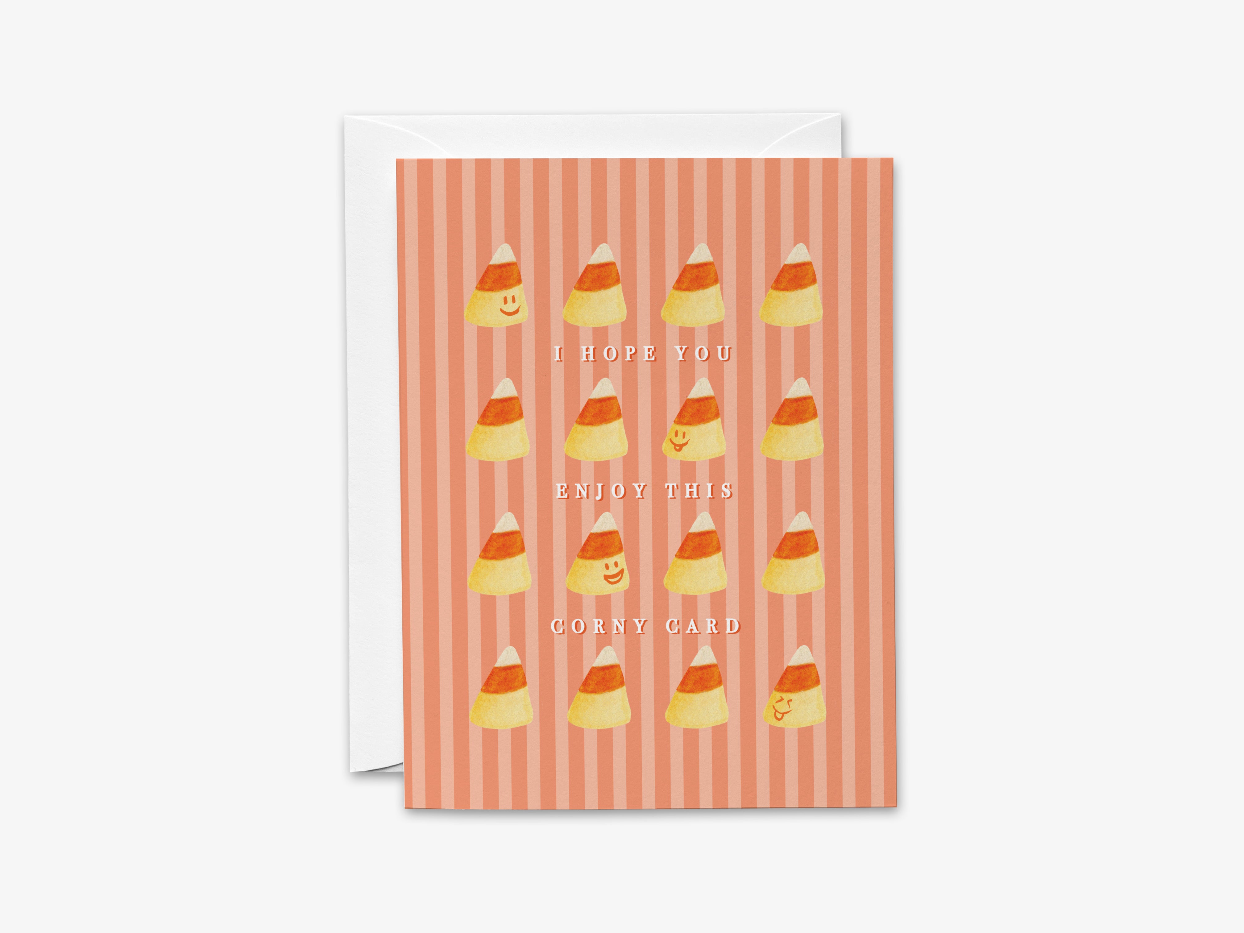 The image is a greeting card with a striped background and a playful design featuring candy corn illustrations. The card has a message that reads "I hope you enjoy this candy card" and is accompanied by a smiley face.