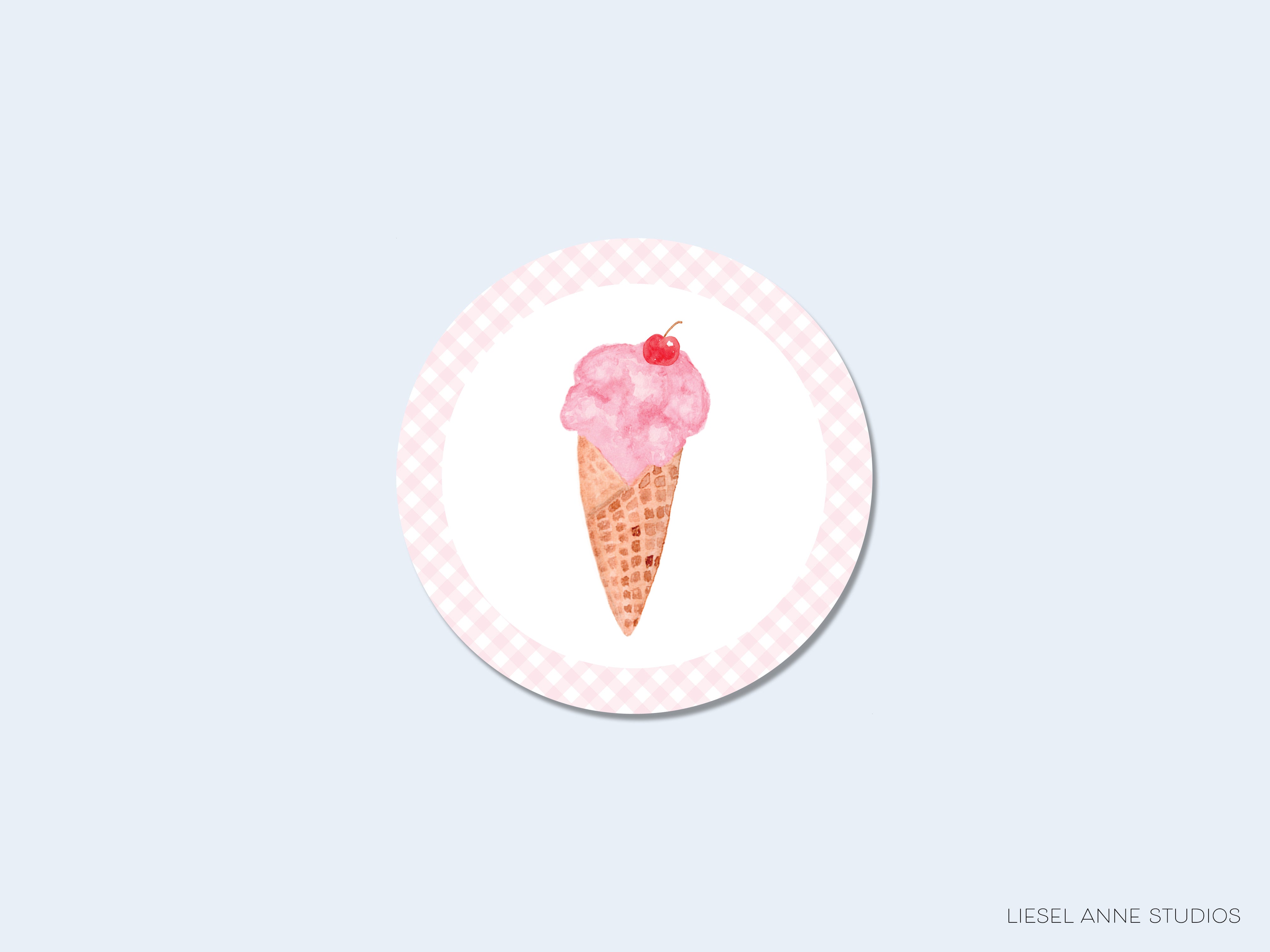 A pink ice cream cone with a cherry on top, set against a light blue background.