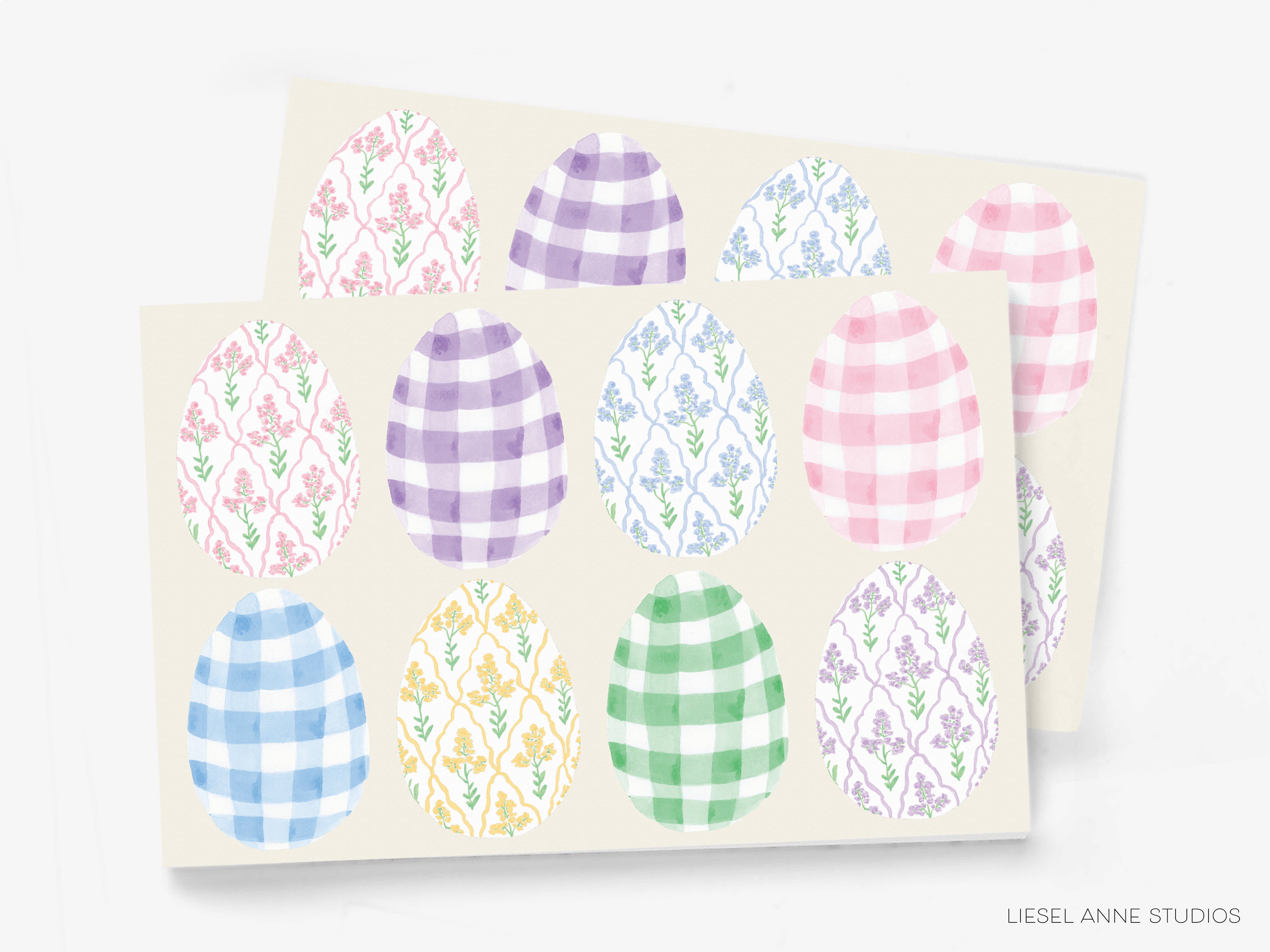 A collection of colorful Easter eggs with various patterns, including plaid, floral, and checkered designs.