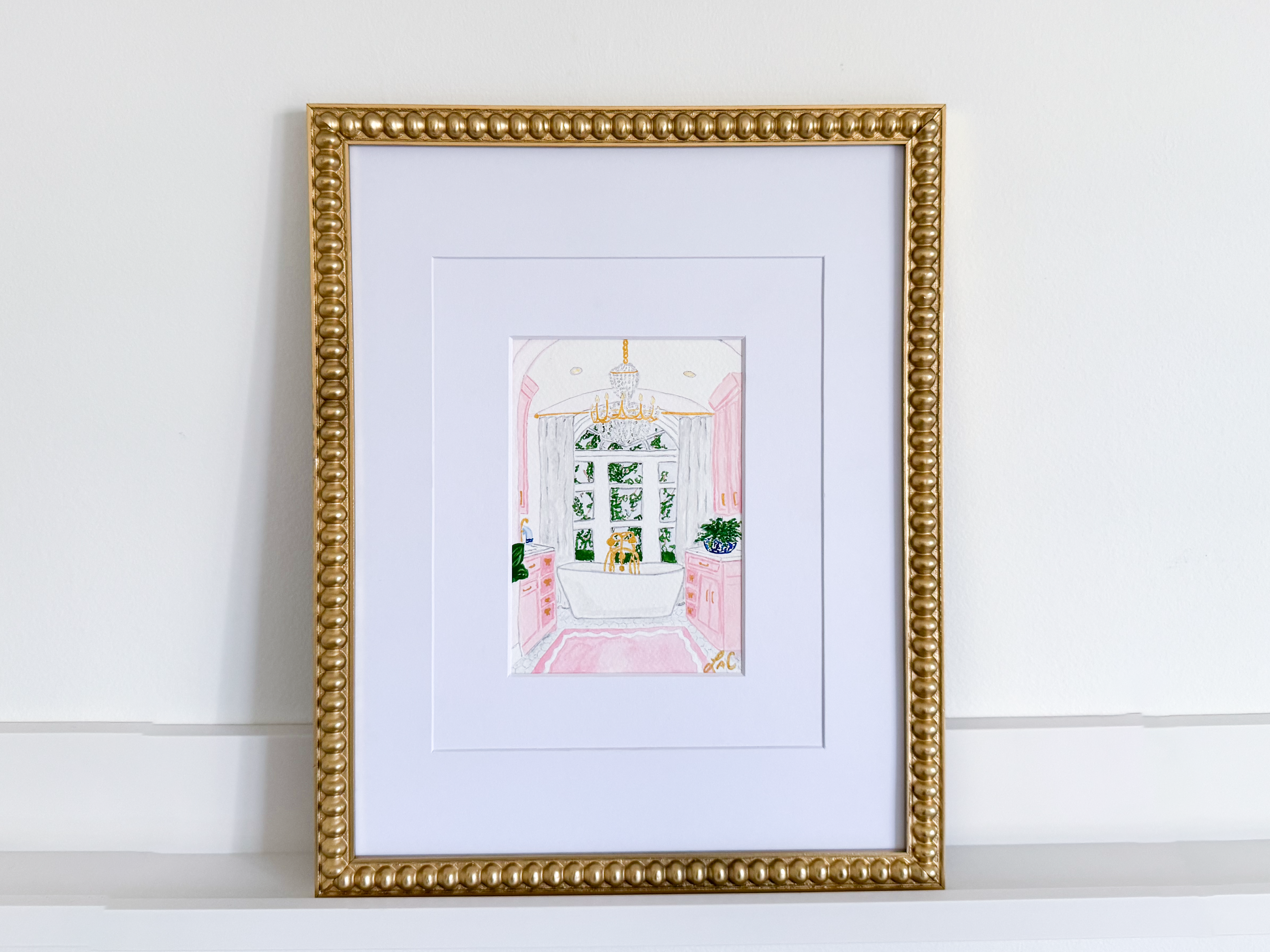 a framed painting of a bathroom interior with a chandelier, pink walls, and a bathtub.