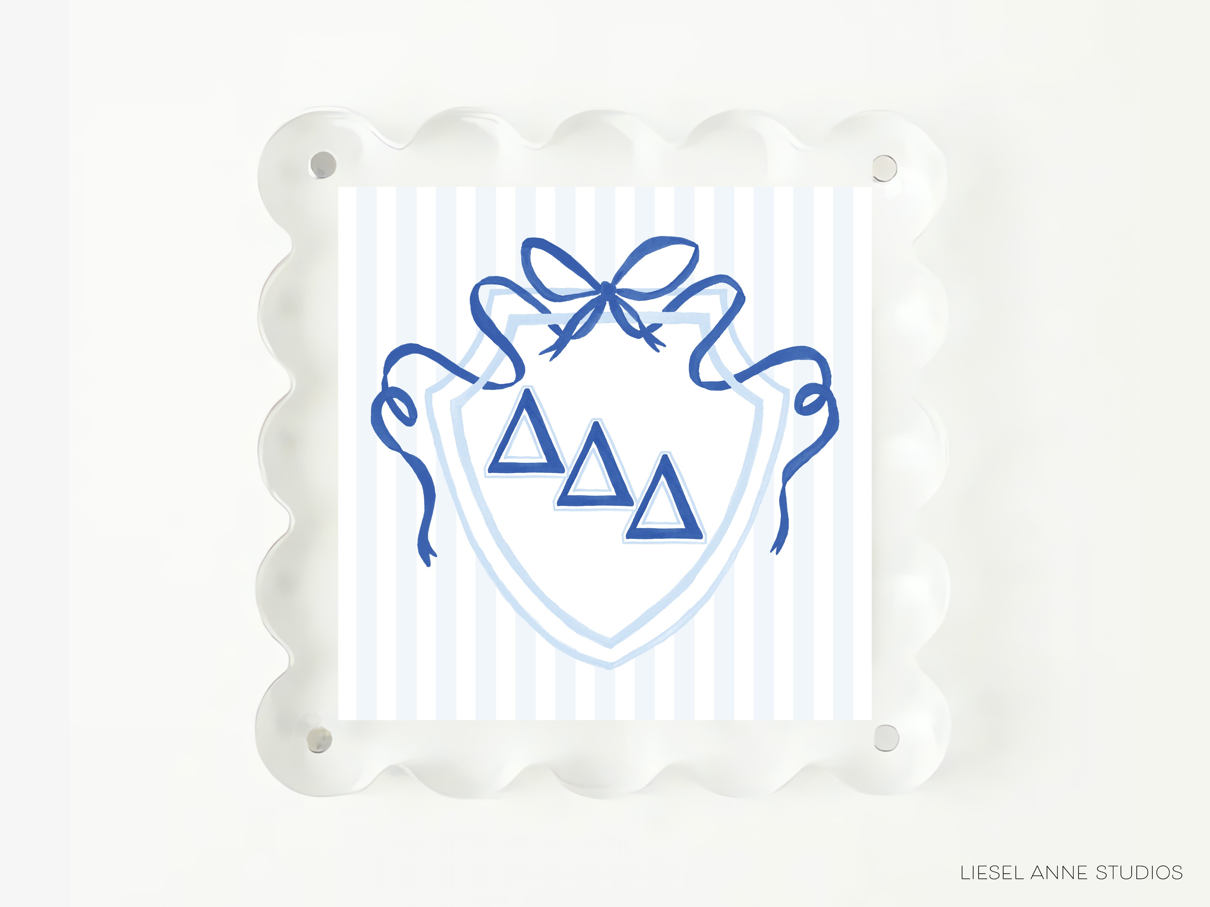 A square image with a blue ribbon and three blue triangles on a white background, framed within a scalloped edge.
