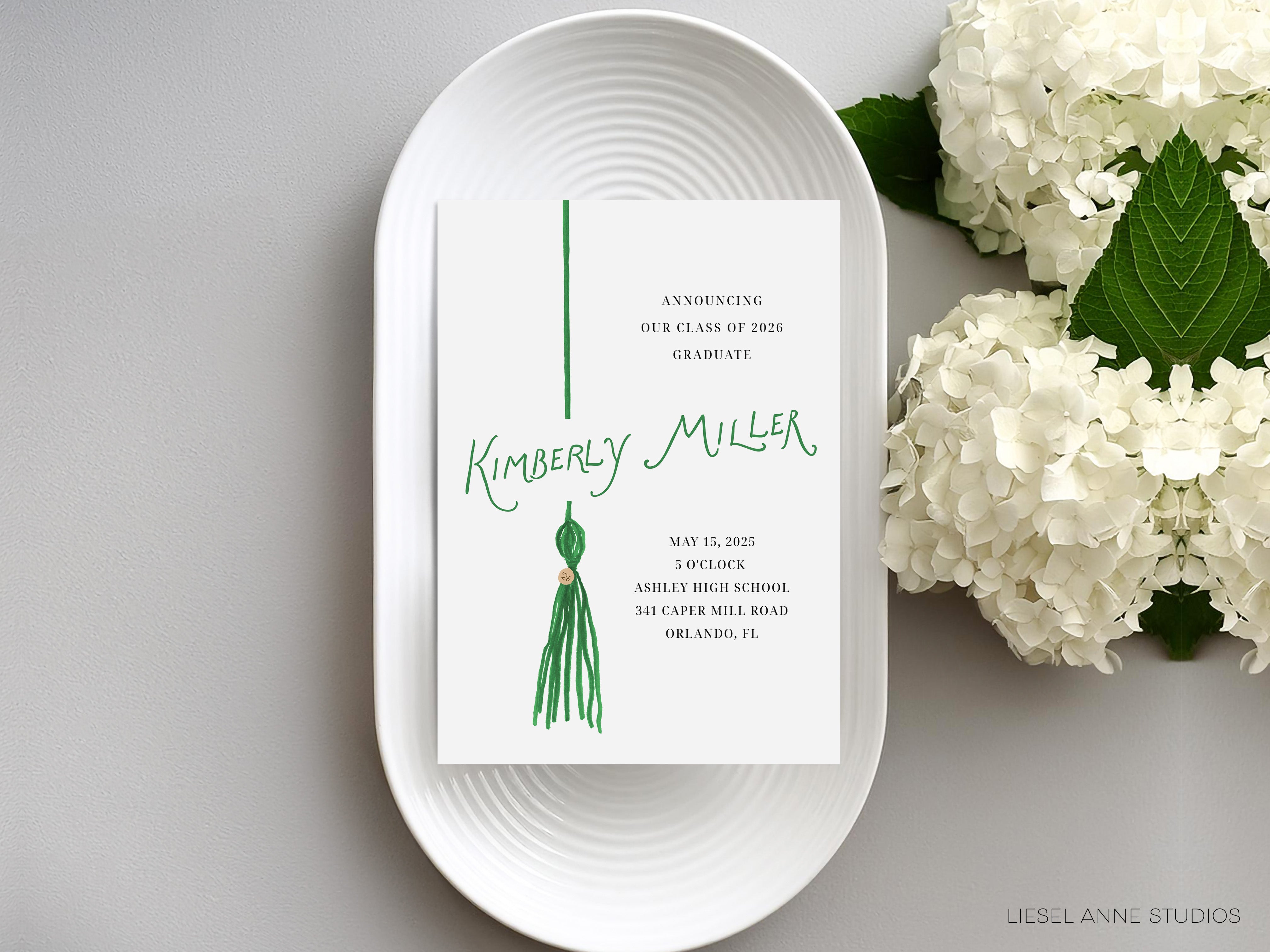 a graduation invitation for Kimberly Miller, announcing her graduation from high school on May 15, 2015, at Ashley High School in Cape Mill Road, Orlando, FL.