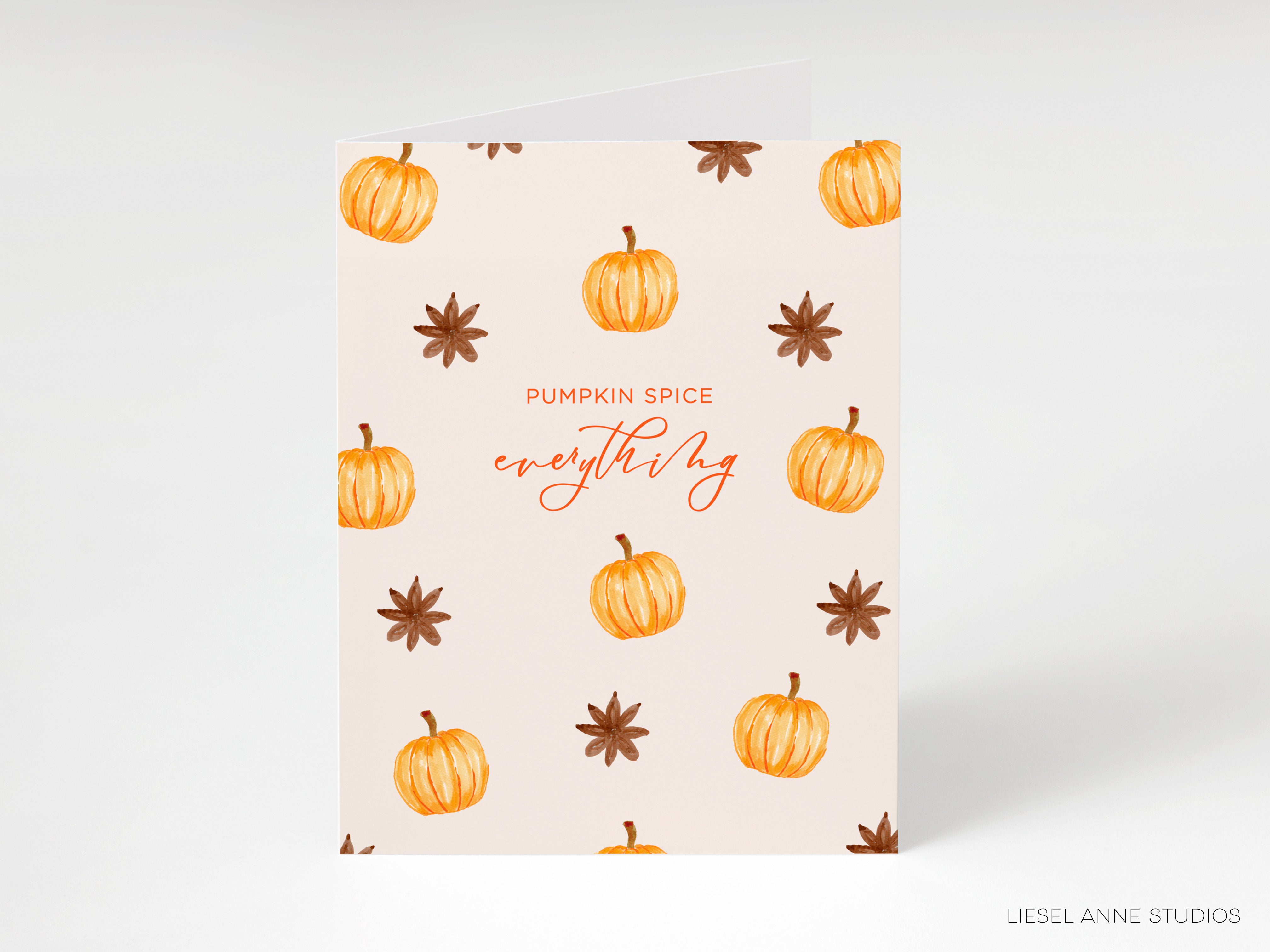 The image is a greeting card with a repeating pattern of pumpkins and star anise on a light background.