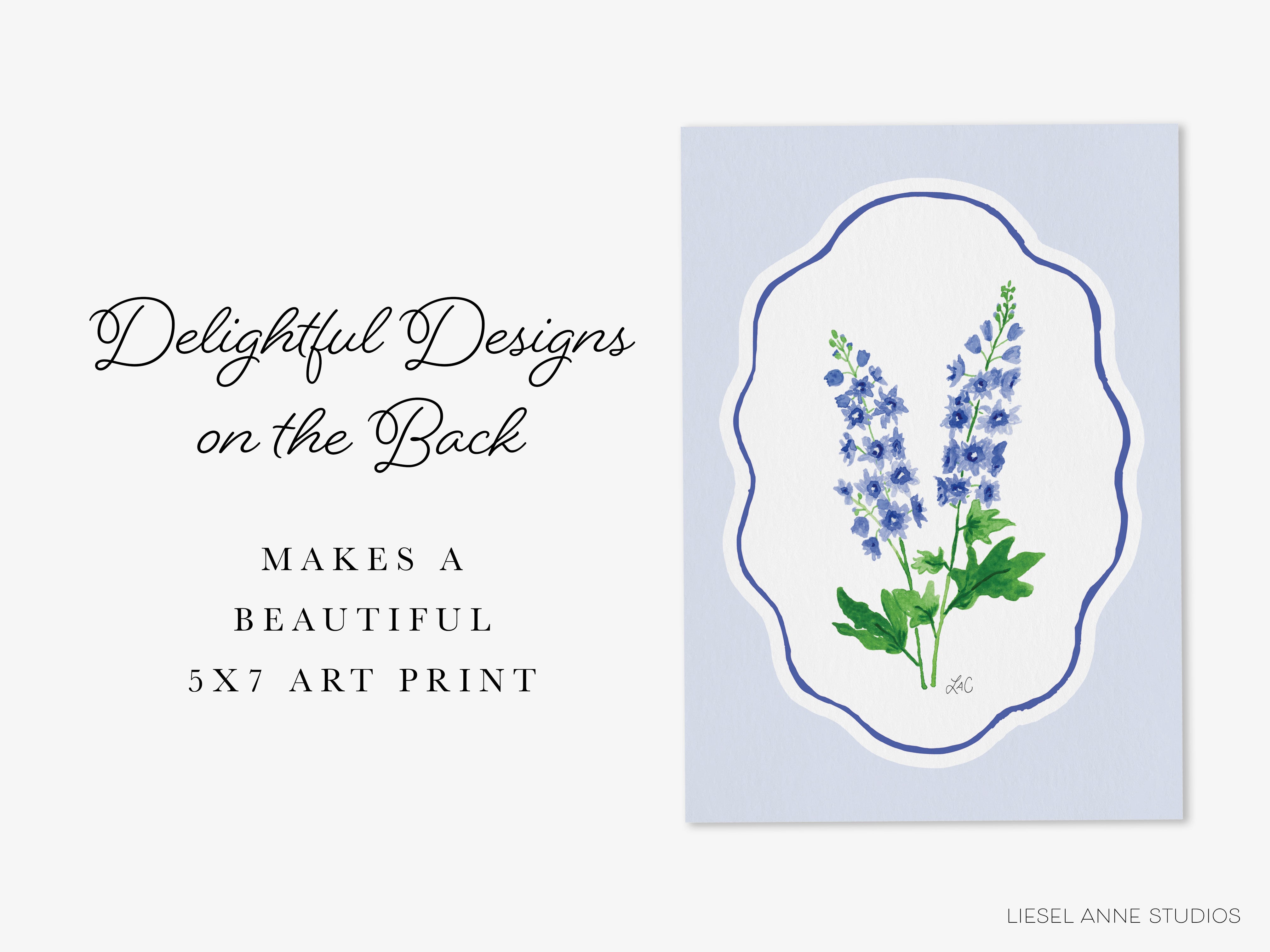 The image is a watercolor print featuring a blue flower with green leaves, and it is described as a 5x7 art print.