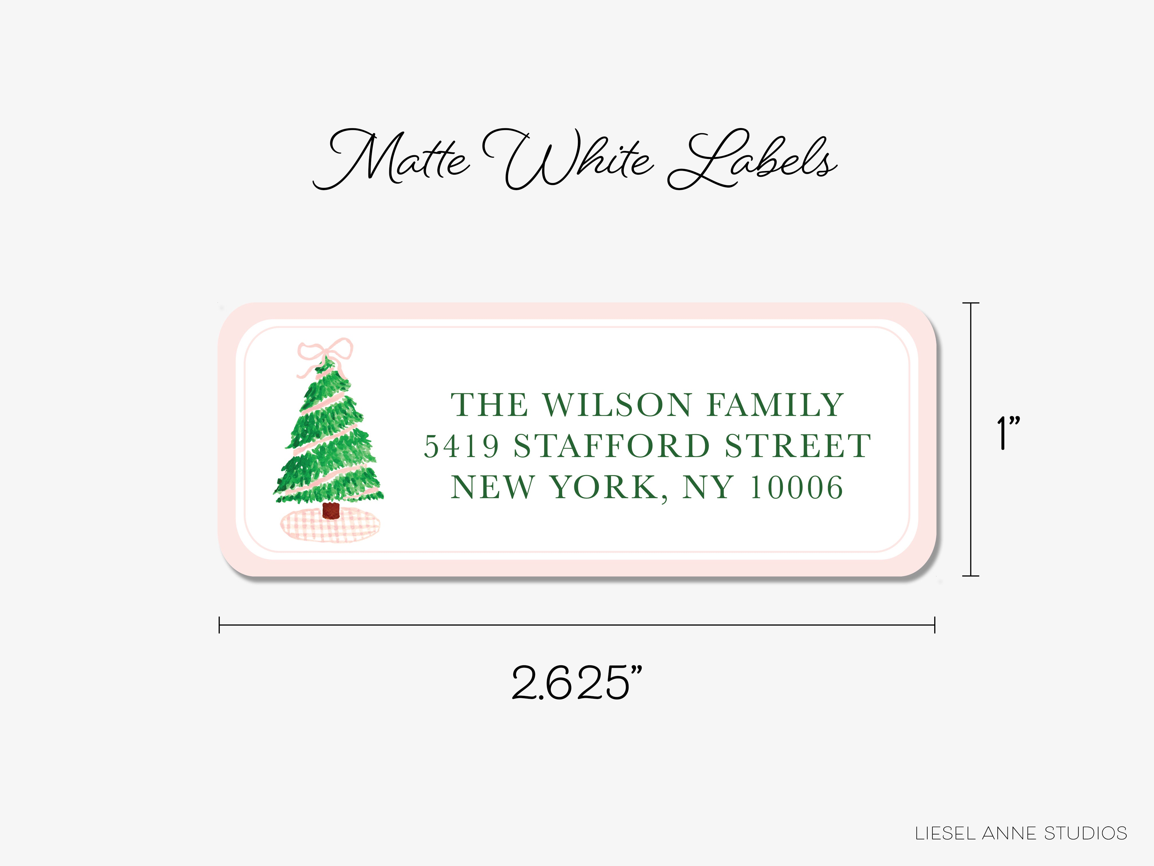 The image is a label for a Christmas-themed address, featuring a Christmas tree and text indicating the address of The Wilson Family at 549th Street in New York, New York.
