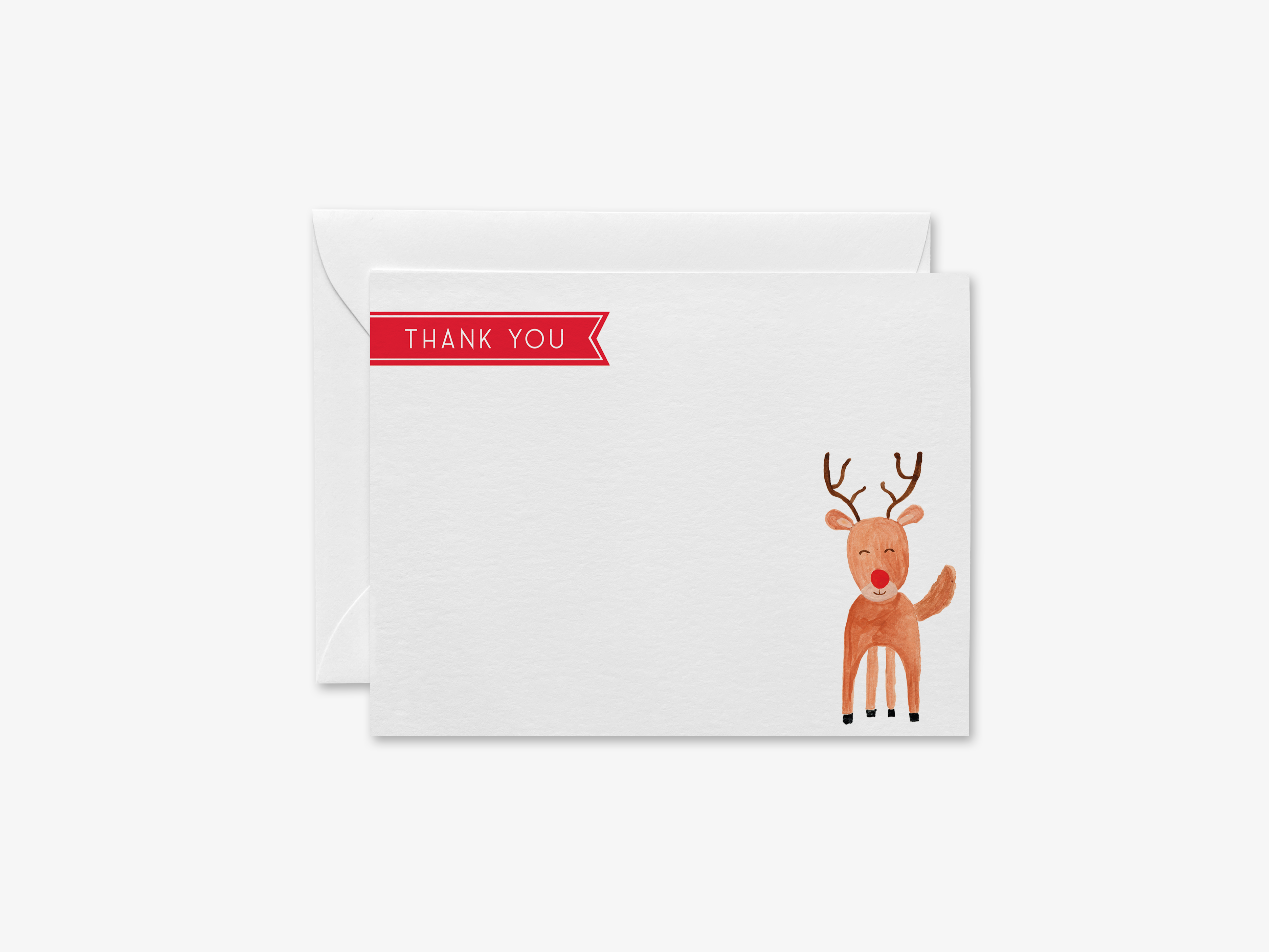 A white card with a red "Thank You" banner and a picture of a smiling reindeer.