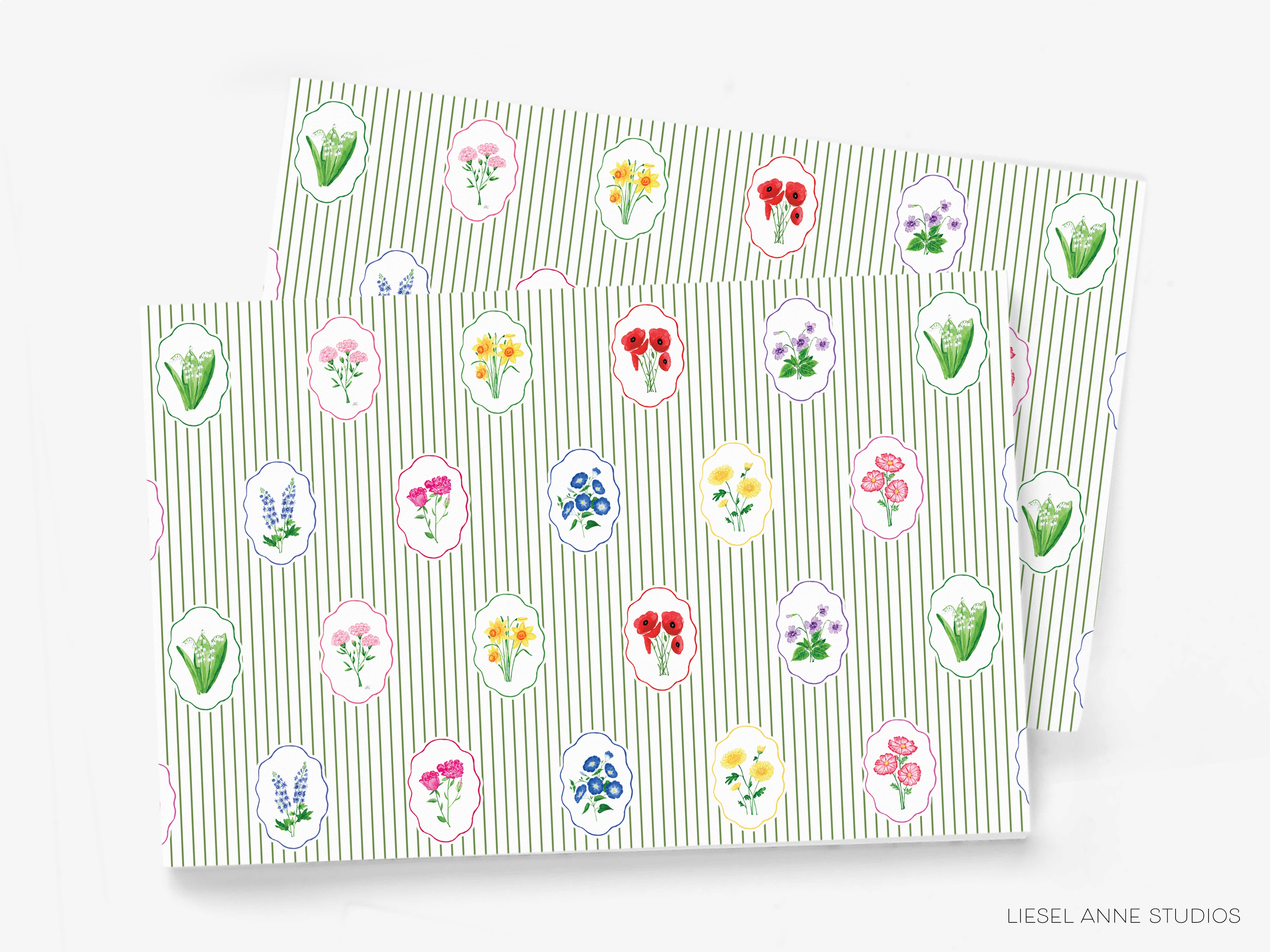 a repeating pattern of various colorful flowers and plants on a green and white striped background.