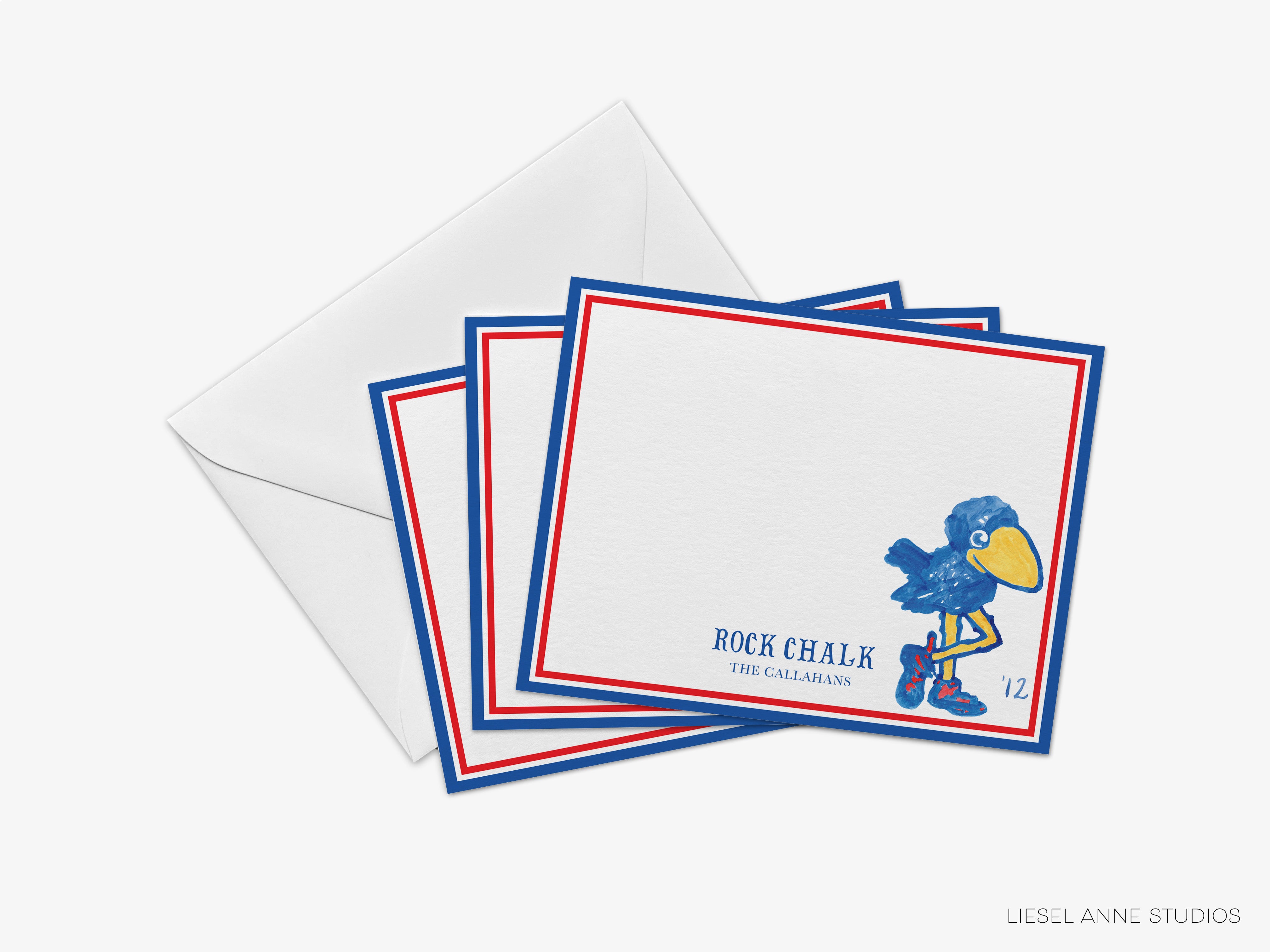 A set of four blank cards with a red, white, and blue border, featuring a cartoon bird character.